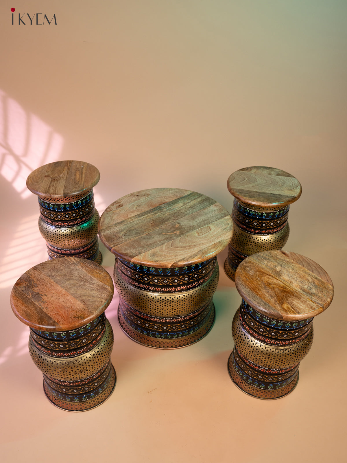 Rustic Hand painted Wooden Round Stool (Set of 5)