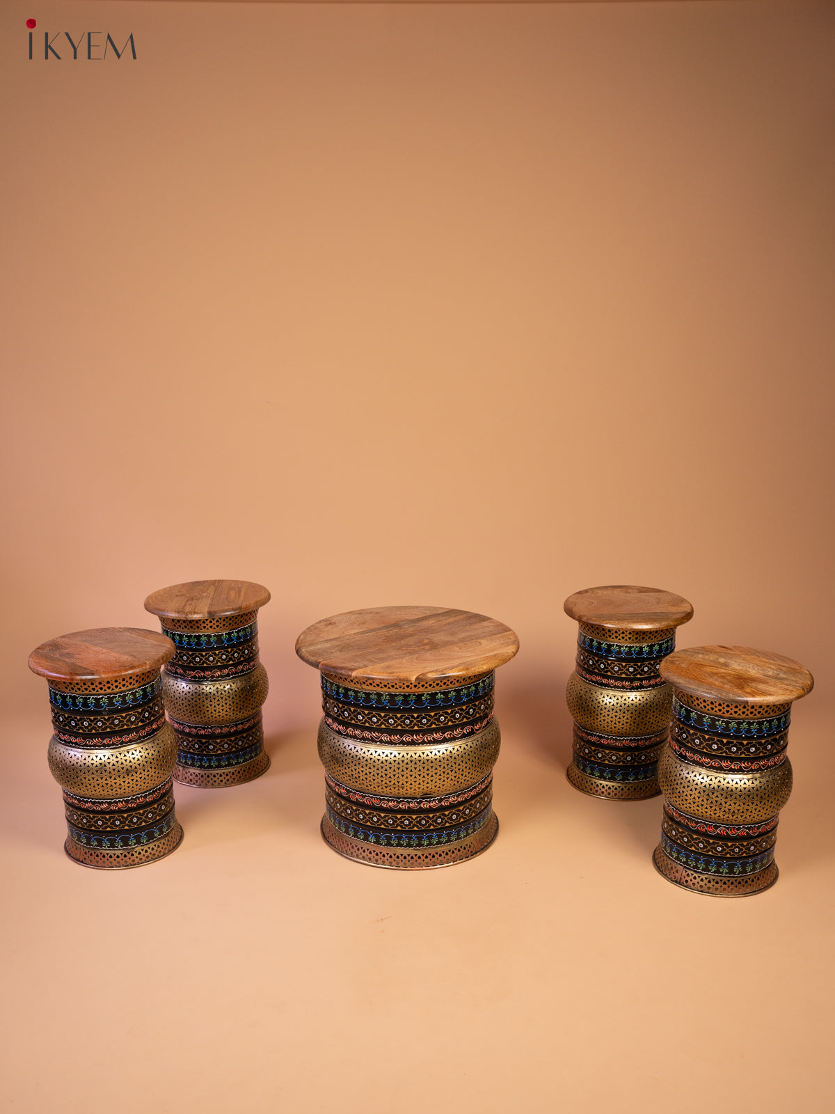 Rustic Hand painted Wooden Round Stool (Set of 5)