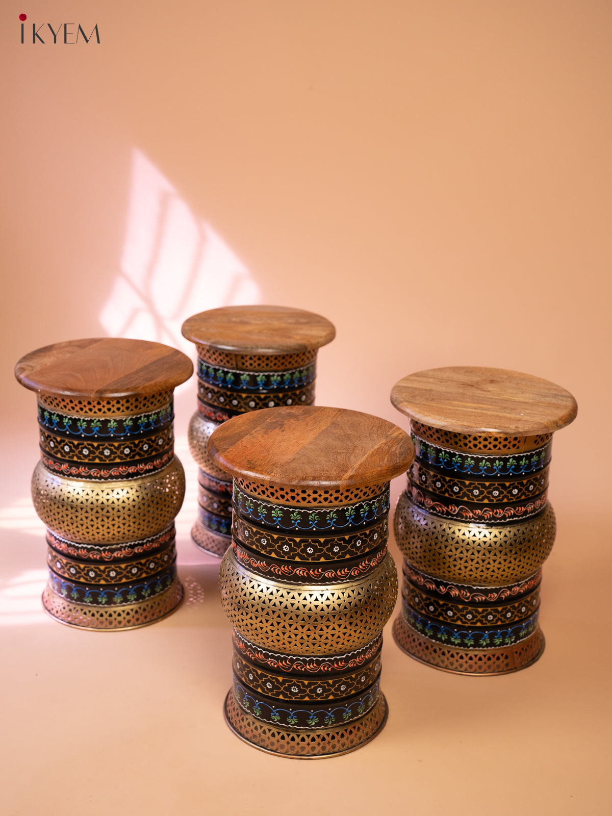 Rustic Hand painted Wooden Round Stool (Set of 5)