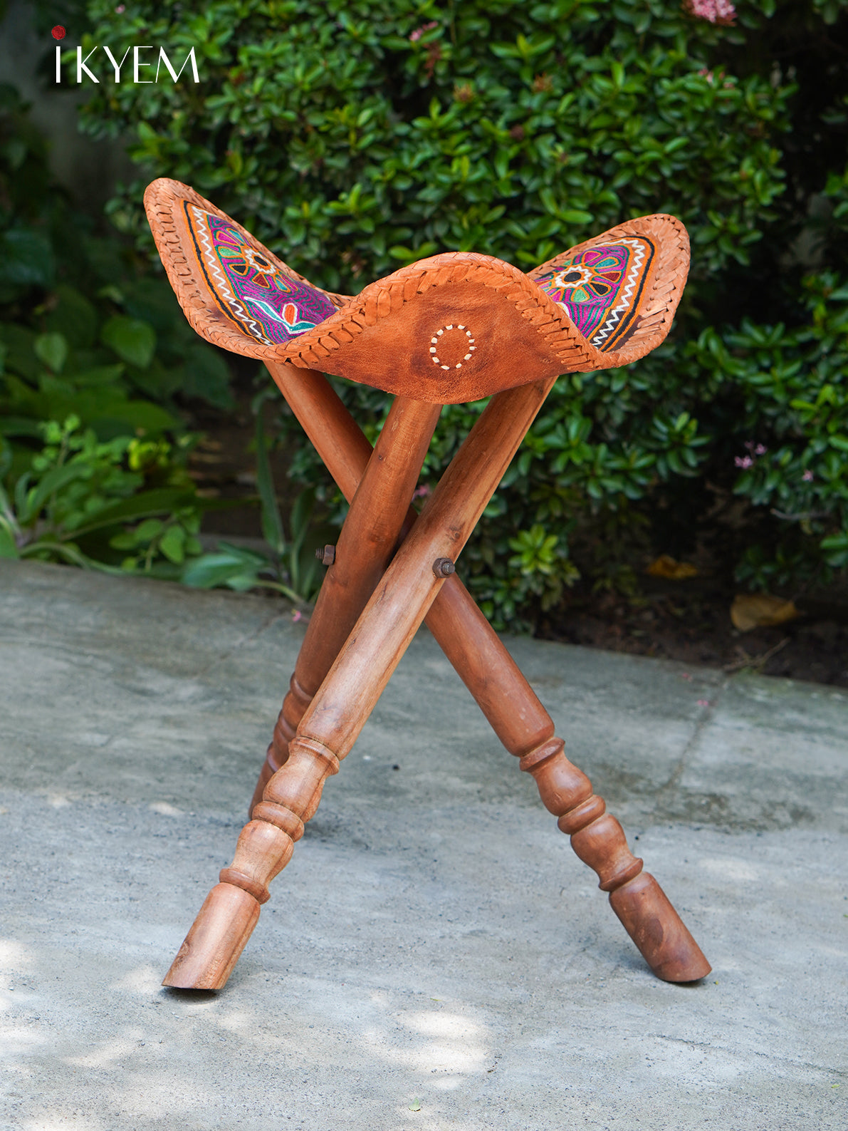 Leather Wooden Stool with Elephant Design