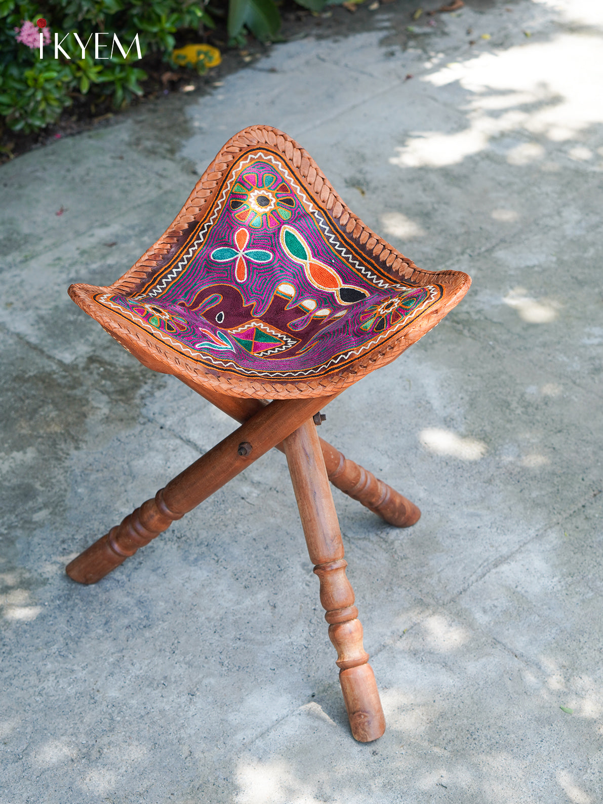 Leather Wooden Stool with Elephant Design
