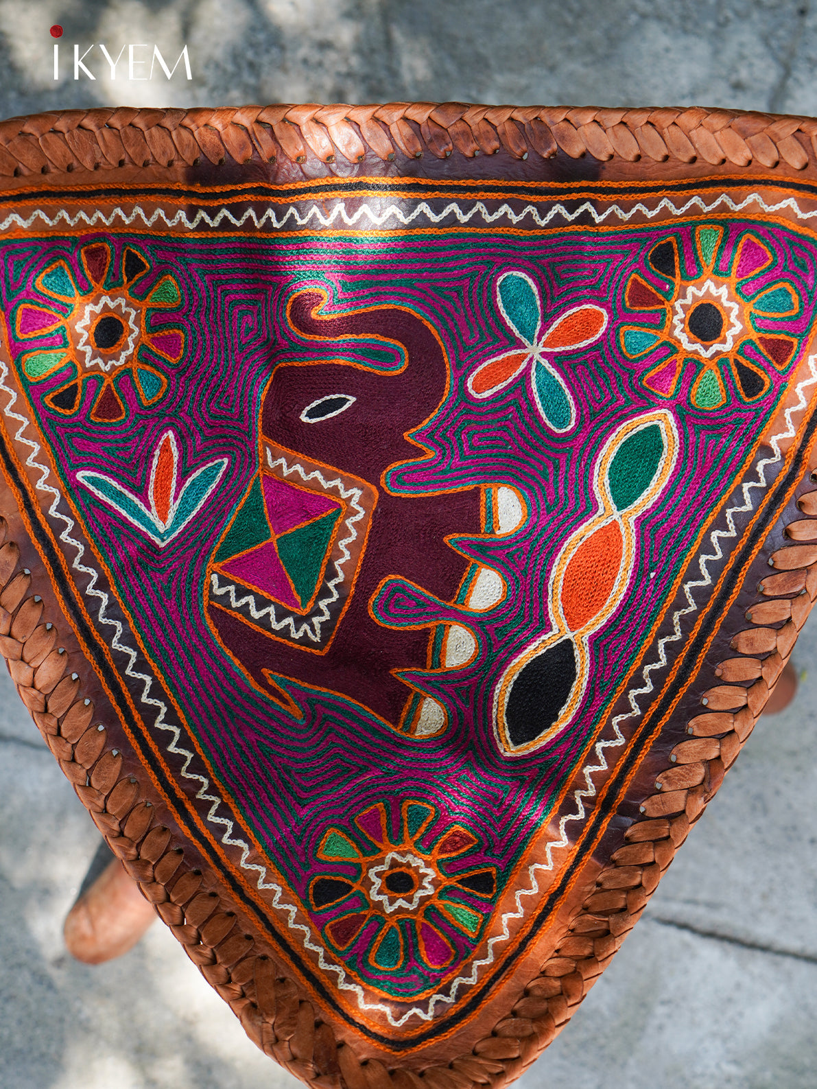 Leather Wooden Stool with Elephant Design