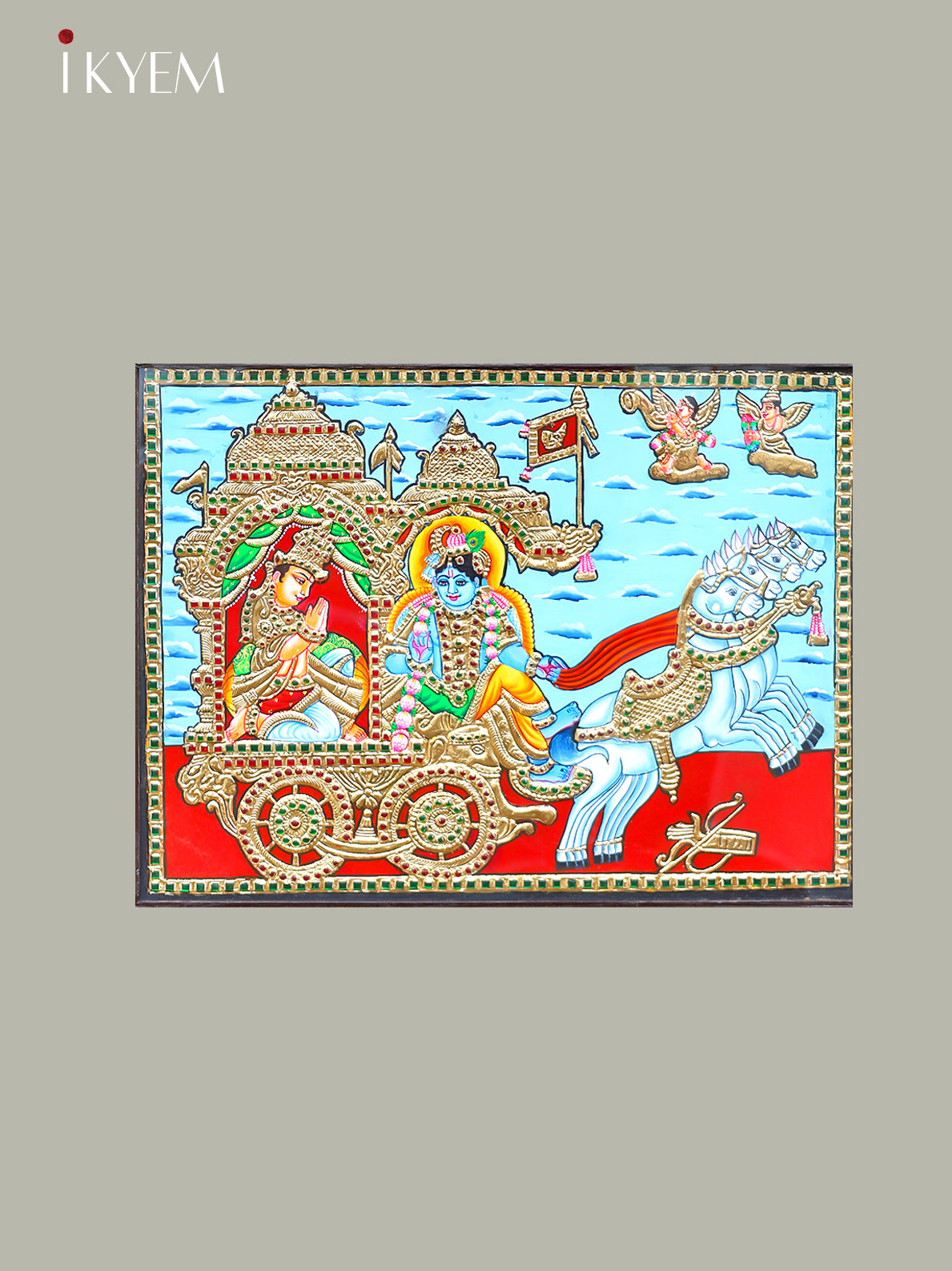 Regal Tanjore Painting Depicting Lord Krishna & Arjuna's Geethopadesam 3
