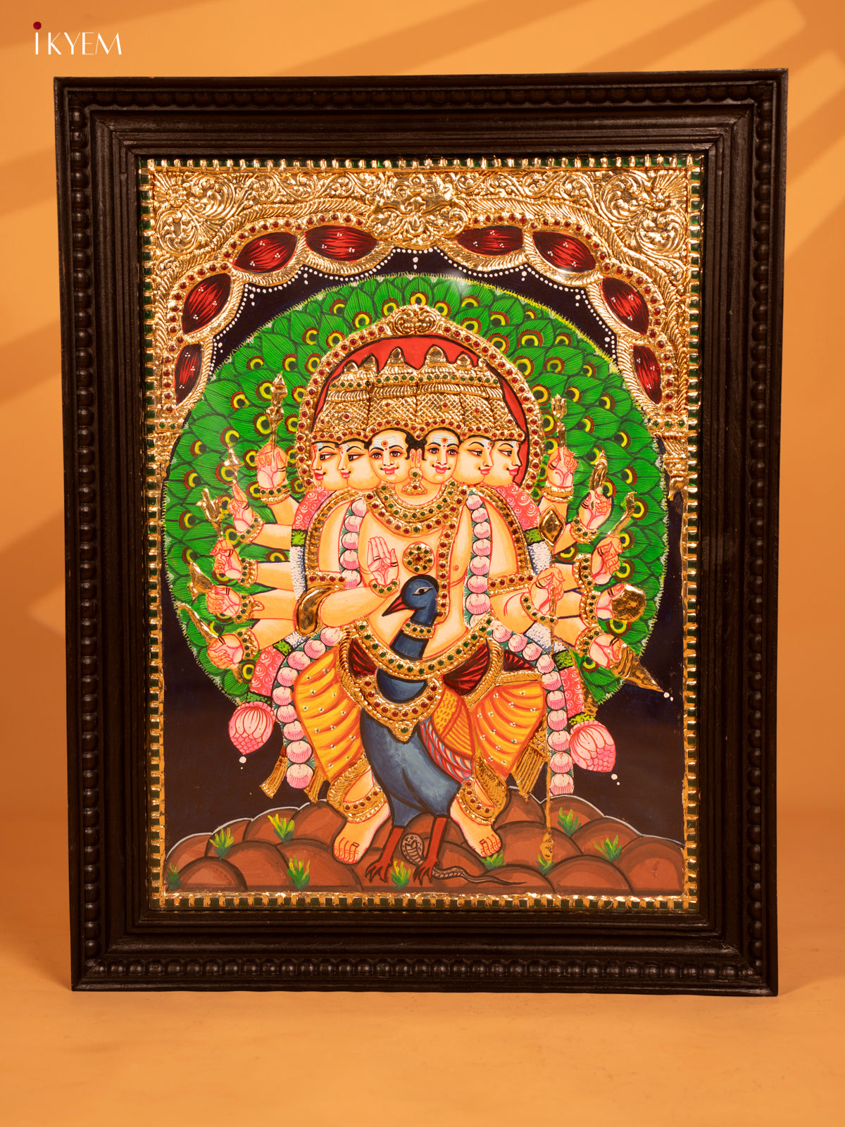 Majestic Aarupadai Murugan Tanjore Painting in Gold and Crimson 1