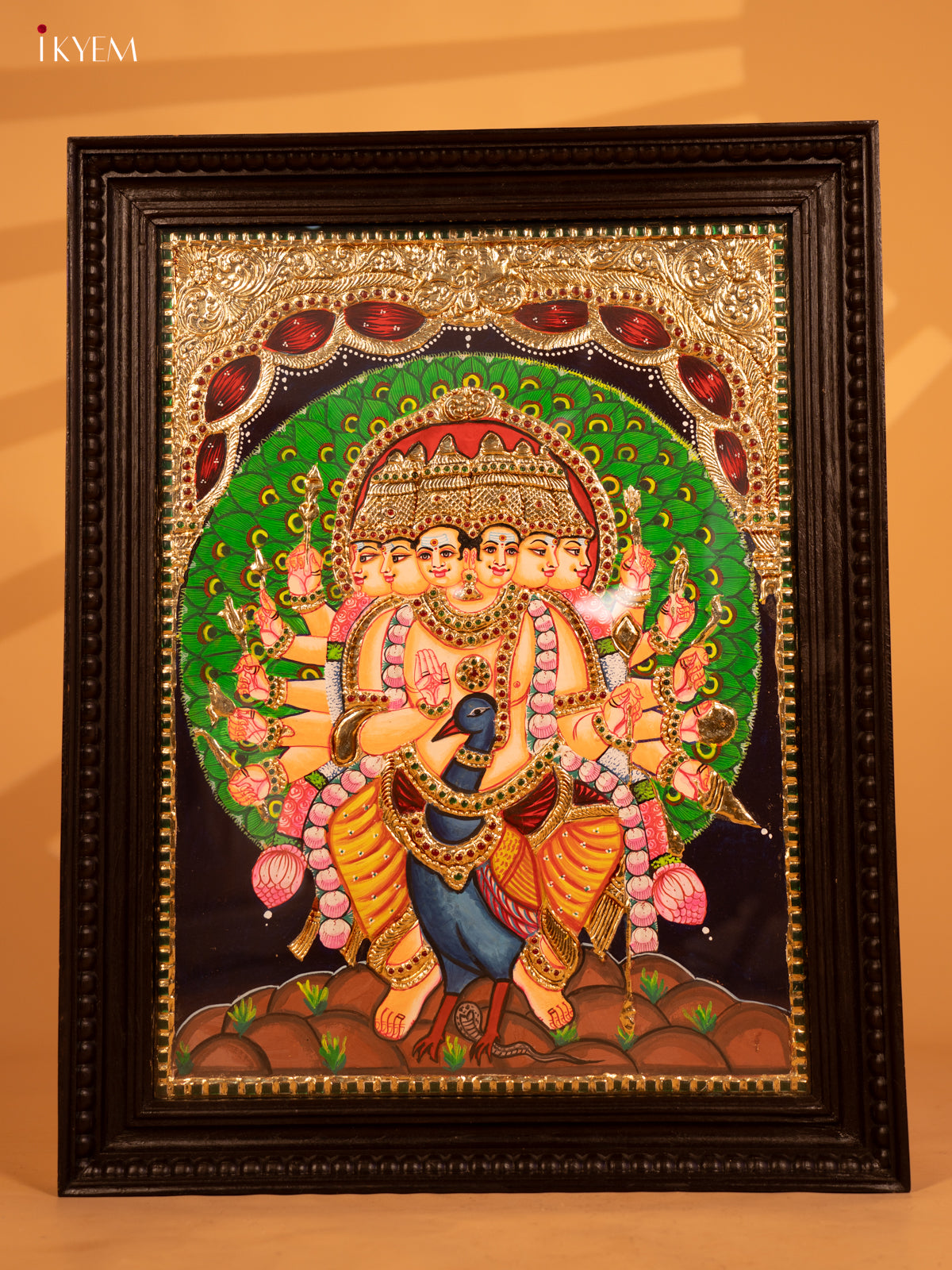Majestic Aarupadai Murugan Tanjore Painting in Gold and Crimson 6