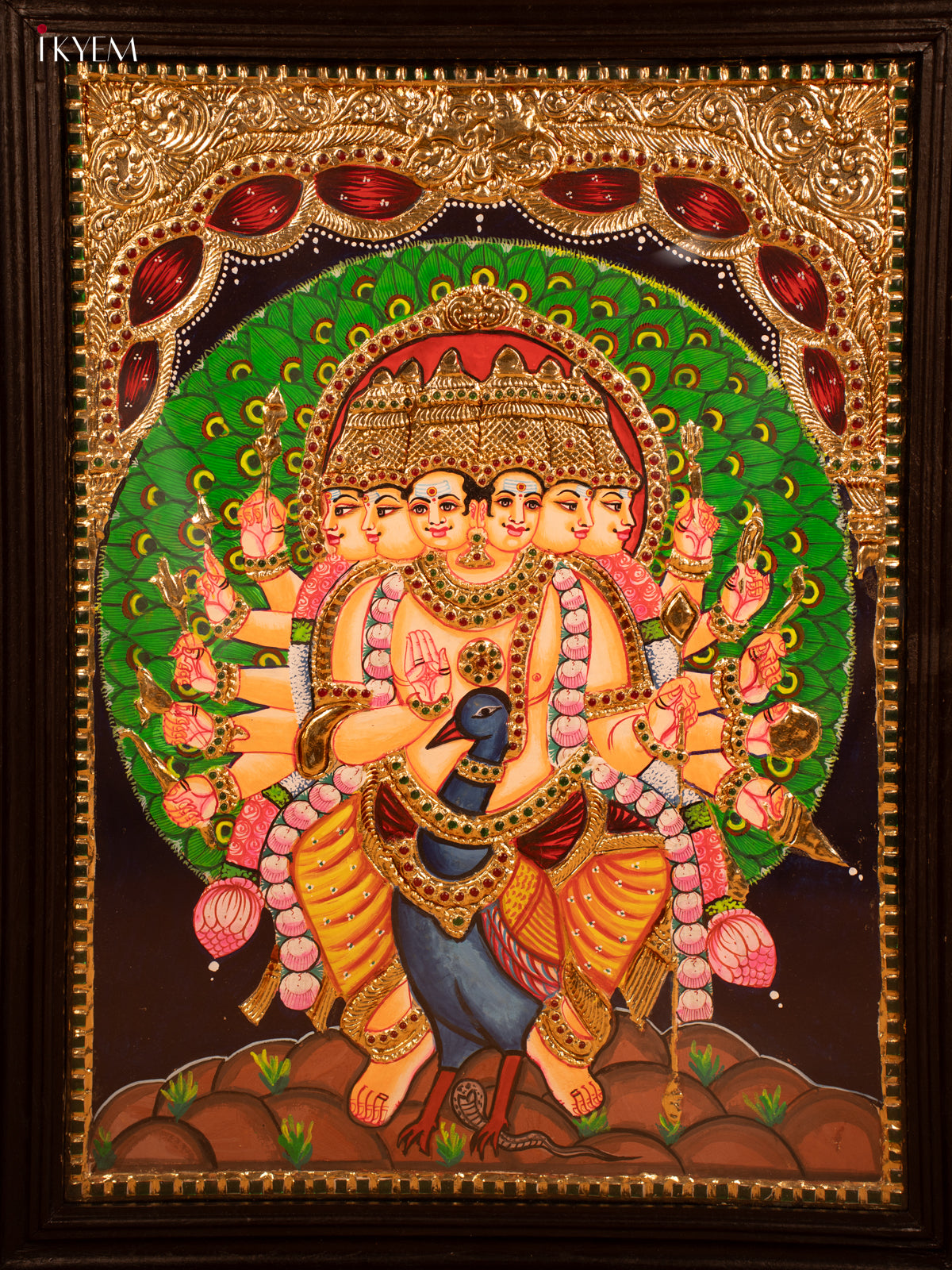 Majestic Aarupadai Murugan Tanjore Painting in Gold and Crimson 5
