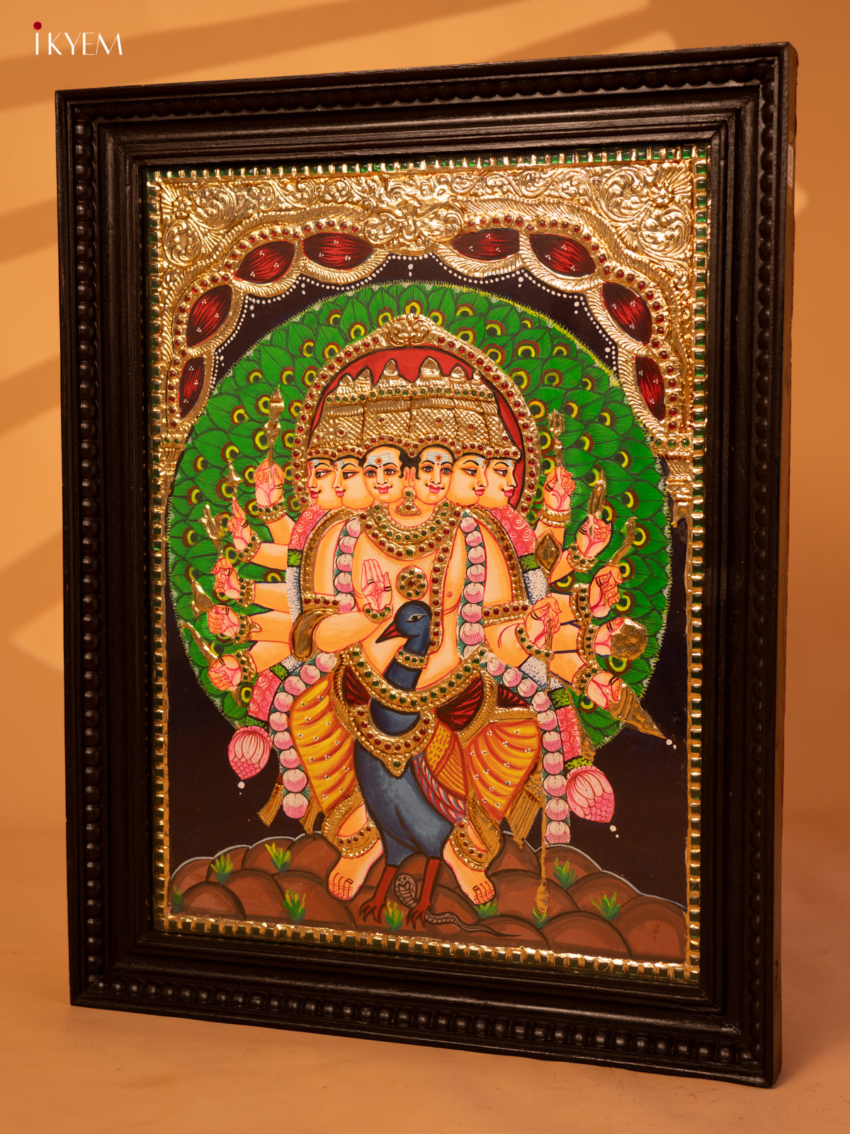 Majestic Aarupadai Murugan Tanjore Painting in Gold and Crimson 4