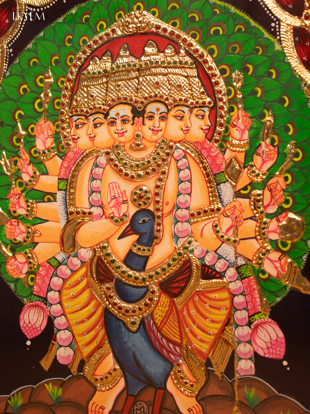 Majestic Aarupadai Murugan Tanjore Painting in Gold and Crimson 2