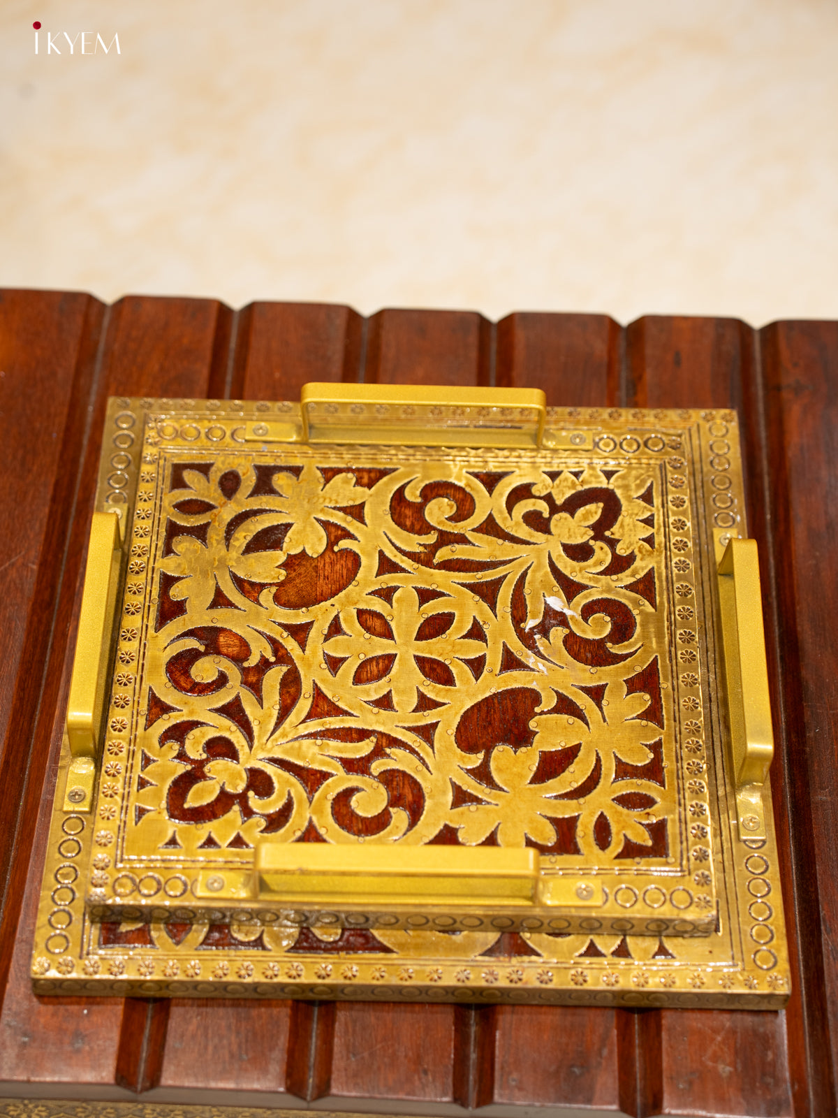 Intricately Carved Wooden Serving Tray Set with Brass Inlay