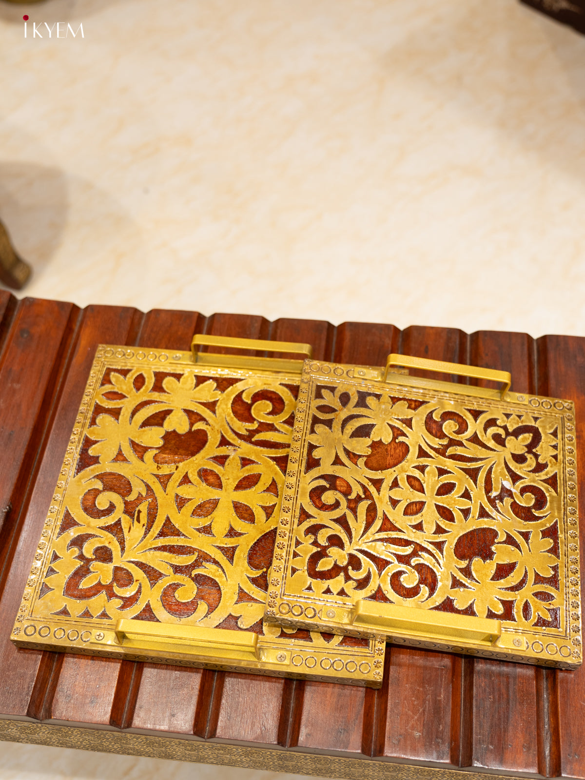 Intricately Carved Wooden Serving Tray Set with Brass Inlay