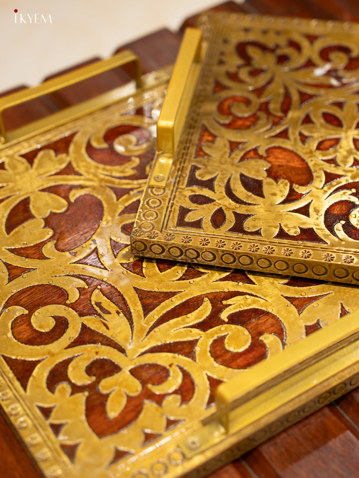 Intricately Carved Wooden Serving Tray Set with Brass Inlay