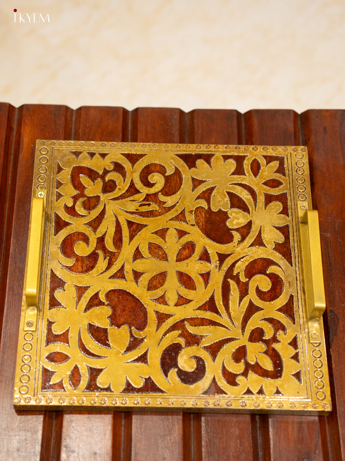 Intricately Carved Wooden Serving Tray Set with Brass Inlay