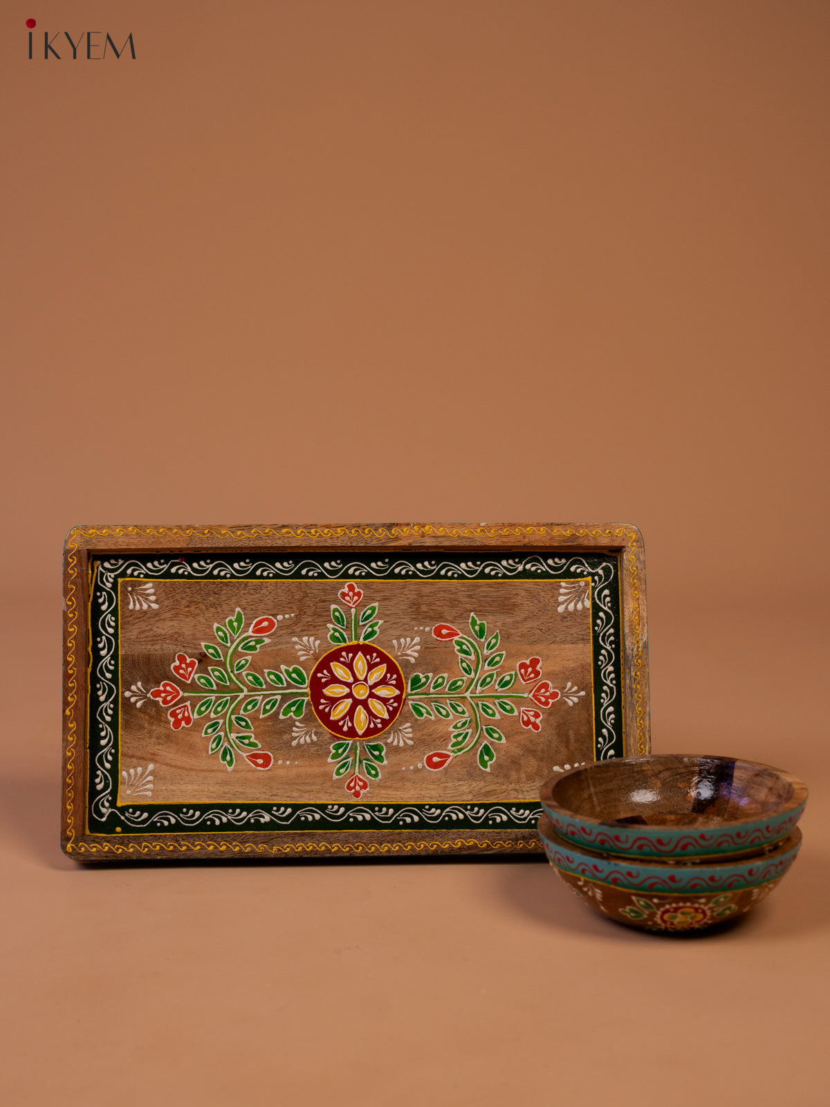 Hand Painted Wooden Serving Tray with 2 Bowls