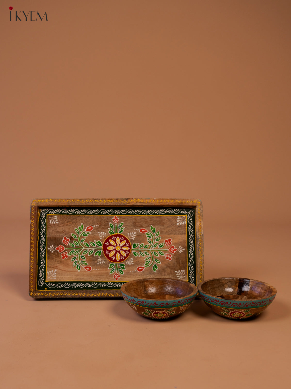 Hand Painted Wooden Serving Tray with 2 Bowls