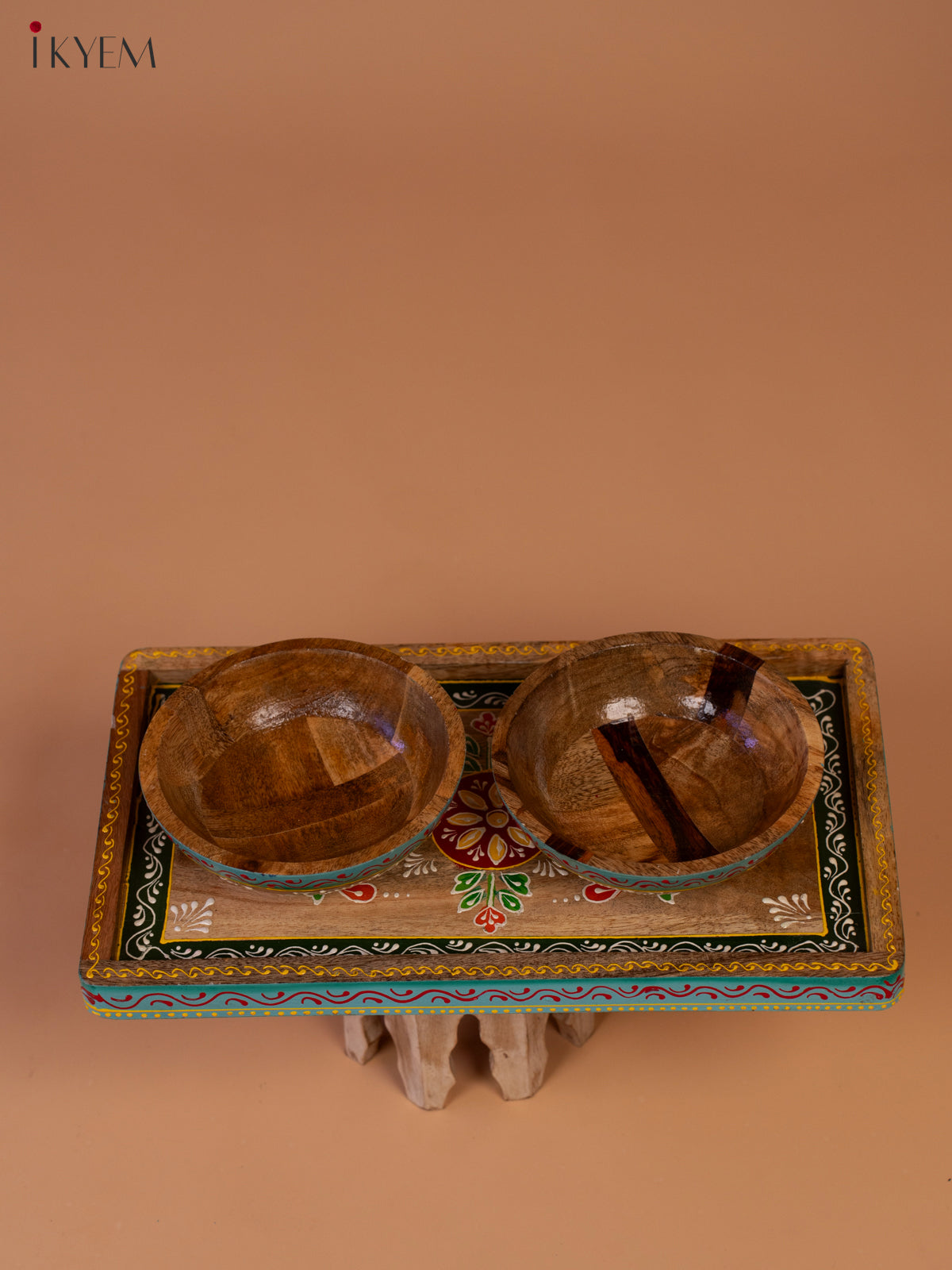 Hand Painted Wooden Serving Tray with 2 Bowls