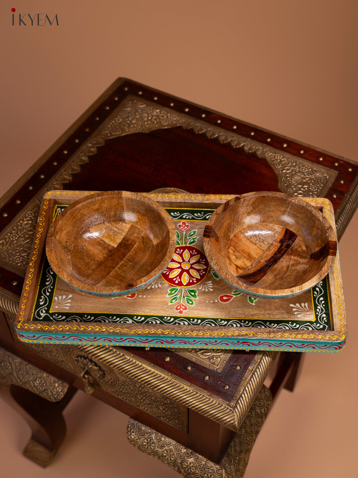 Hand Painted Wooden Serving Tray with 2 Bowls