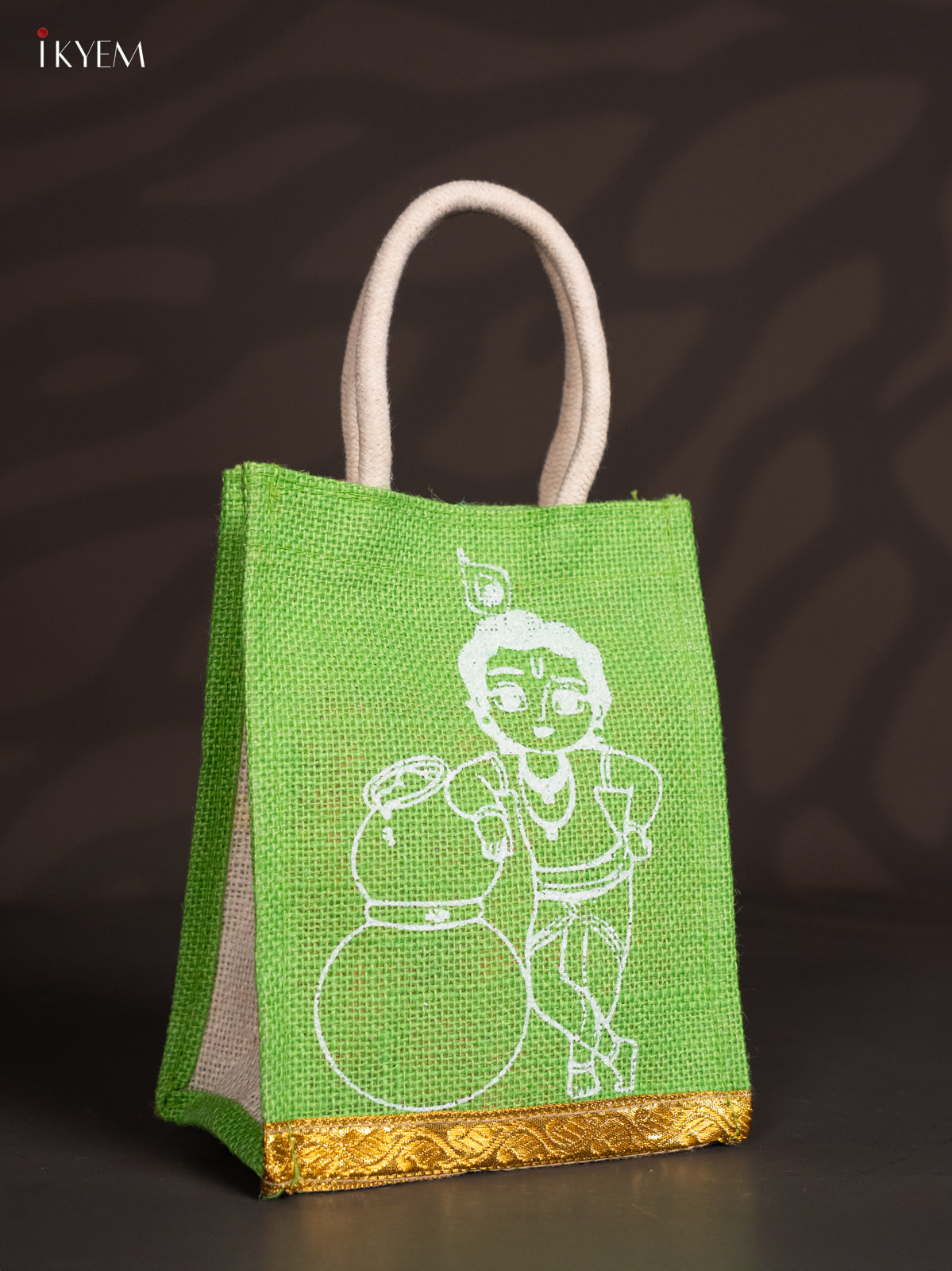 8 Inch Baby Krishna Printed Green Jute Bags