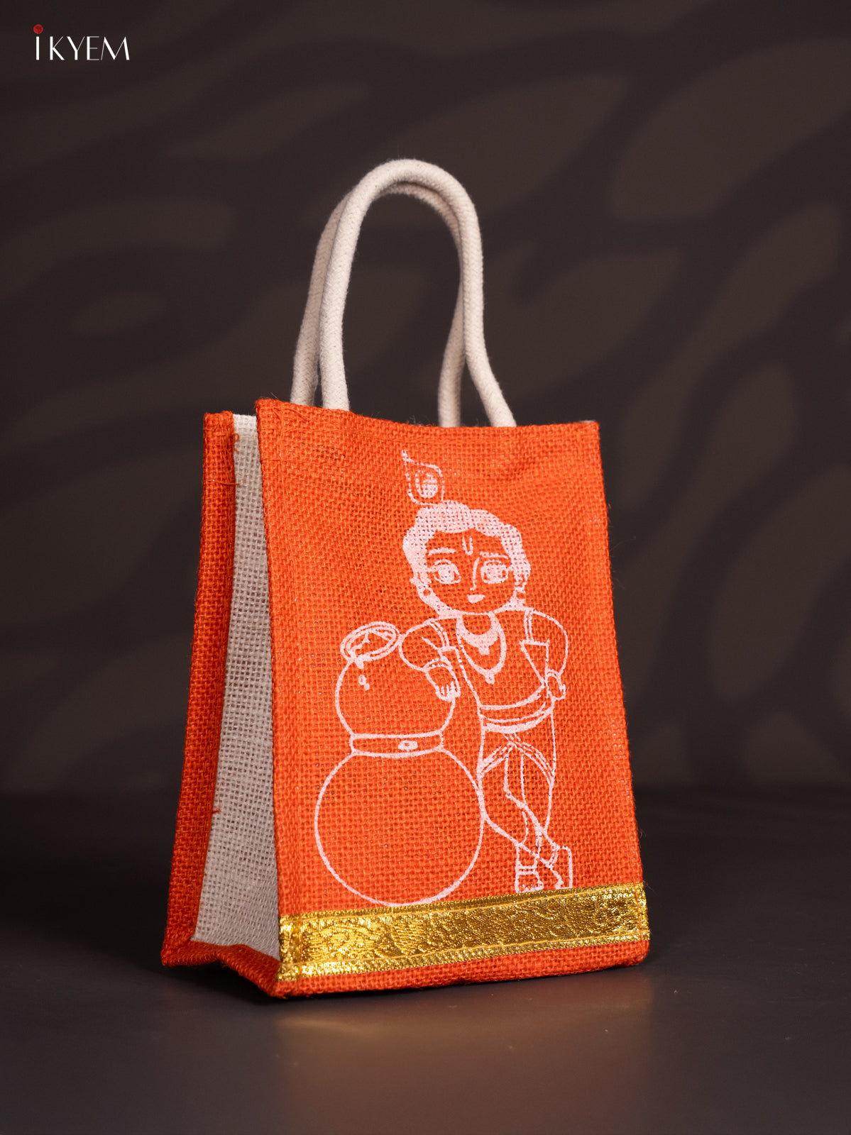 8 Inch Baby Krishna Printed Orange Jute Bag