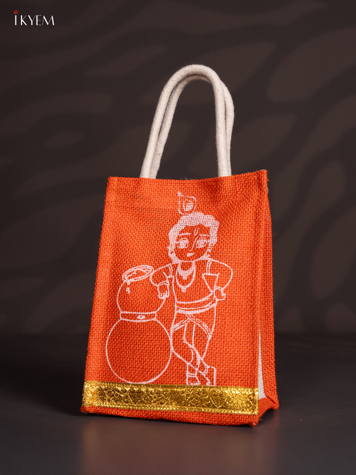 8 Inch Baby Krishna Printed Orange Jute Bags