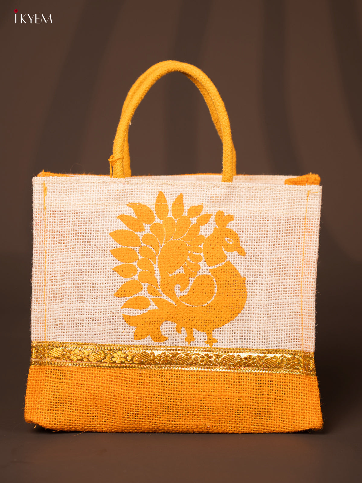 Adorable Beige & Yellow Jute Bag With Peacock Print