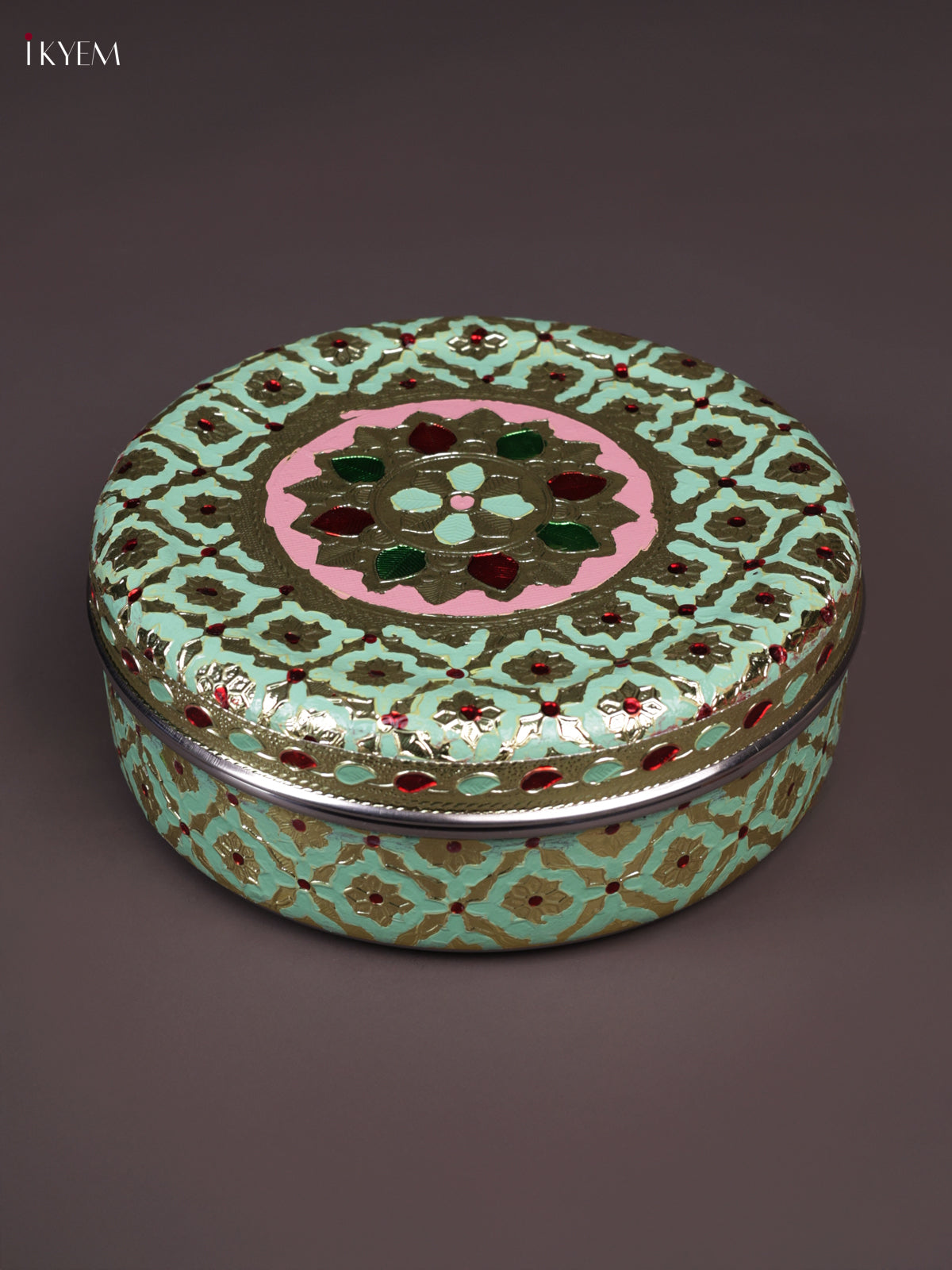 Artistic Pista Green Meenakari Steel Box - 7 inch