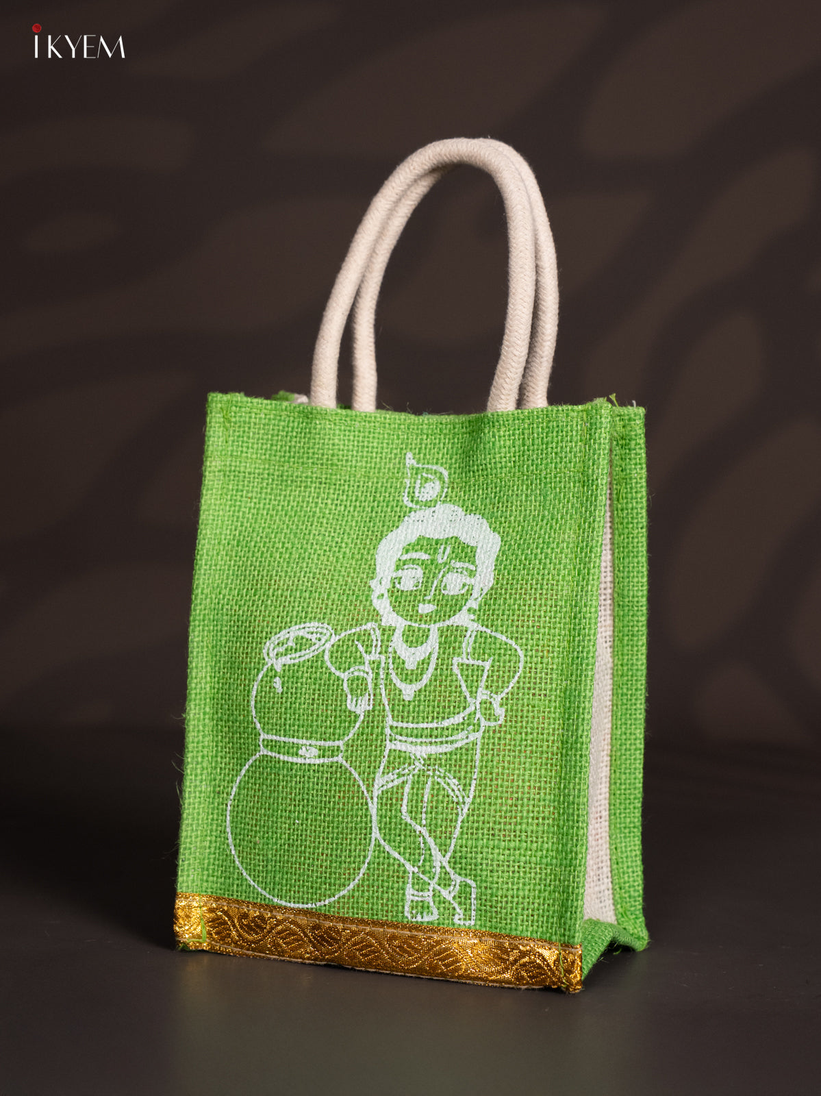 Baby Krishna Printed Green Jute Bags