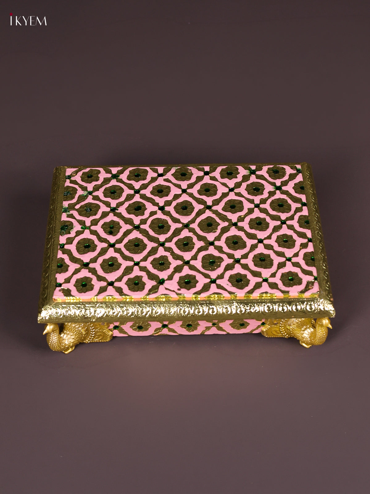 Beautiful Light Peach Meenakari Printed Chowki with Peacock Embossed Legs