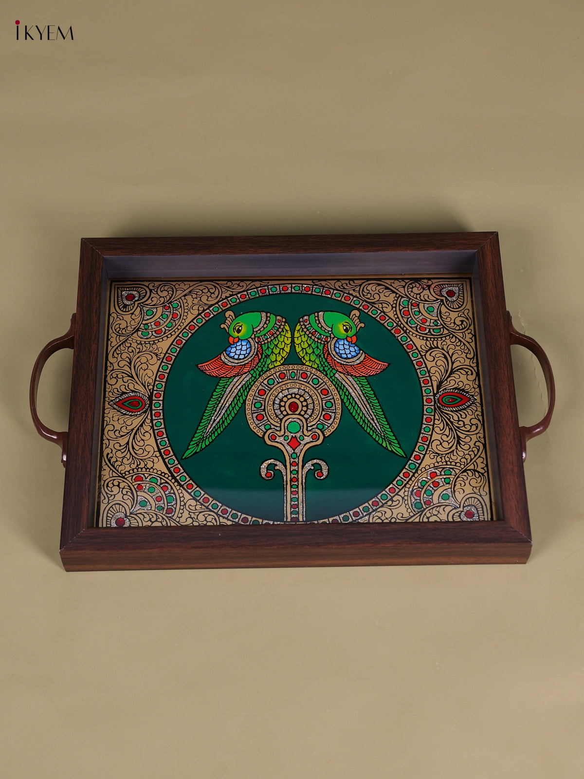 Beautiful Twin Parrot Reverse Glass Painted Tray In Green