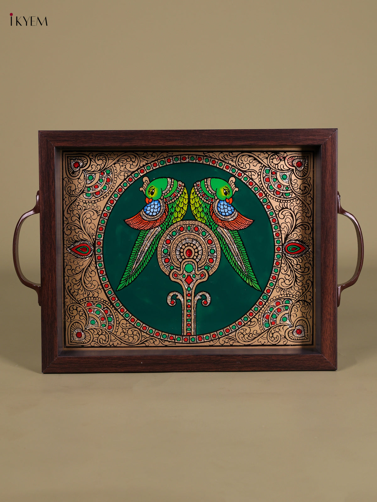 Beautiful Twin Parrot Reverse Glass Painted Tray In Green 1