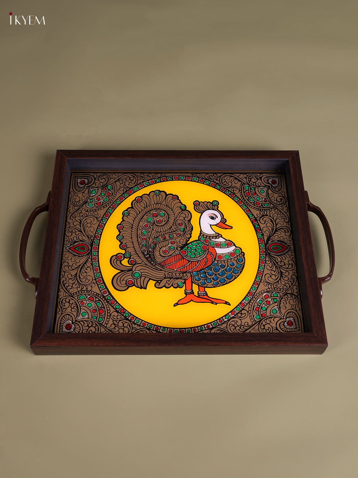 Bright Annapakshi Reverse Glass Painted Tray In Yellow