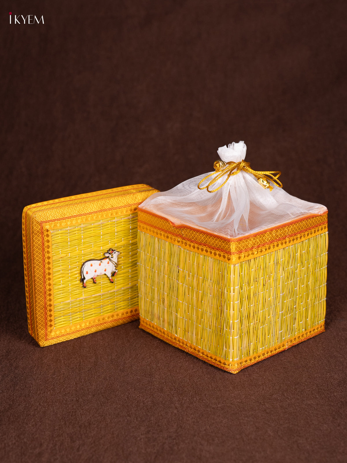 Bright Yellow Korai Gift Box with Net Potli & Pichwai Cow Motif 1