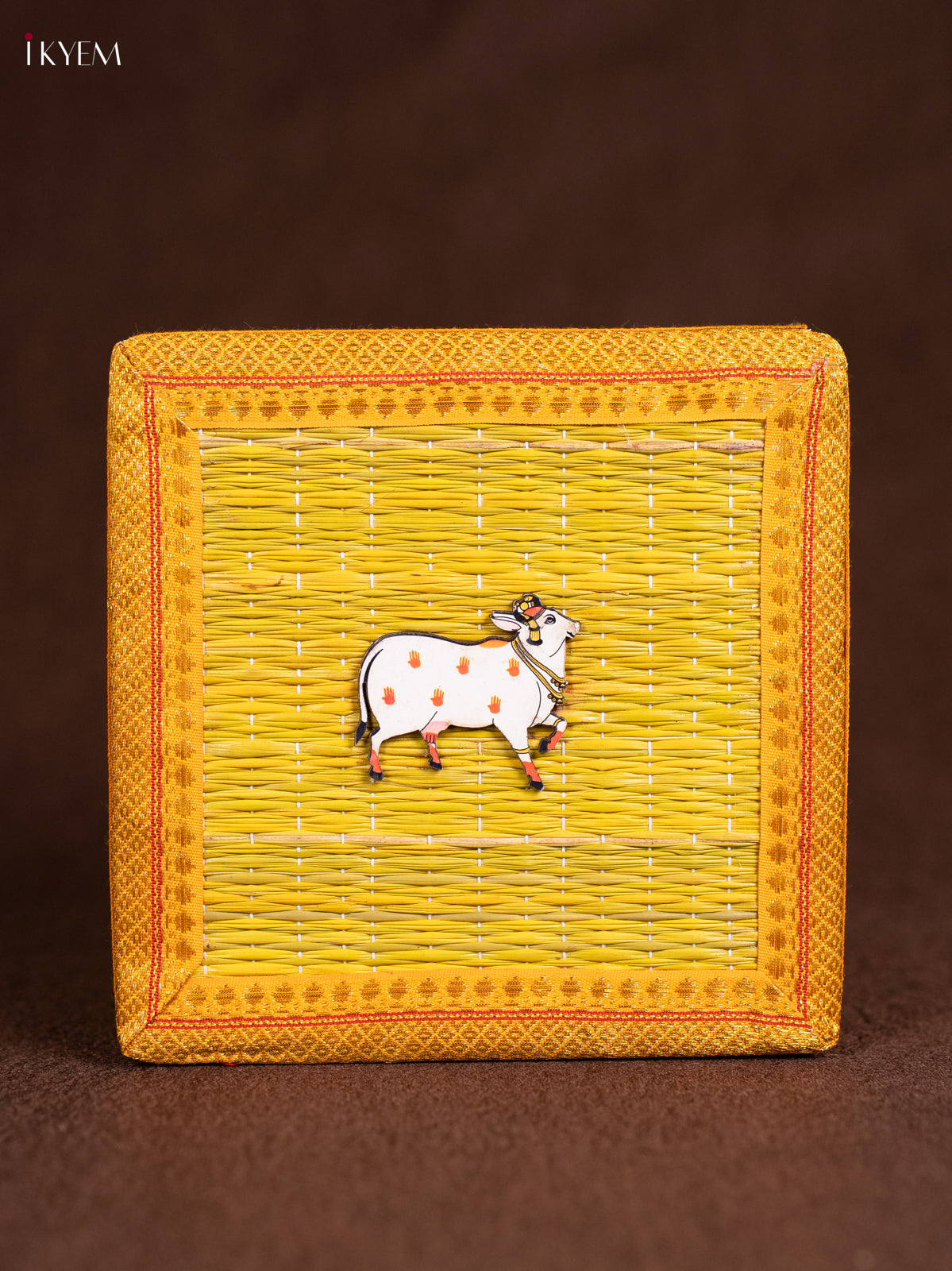 Bright Yellow Korai Gift Box with Net Potli & Pichwai Cow Motif 2