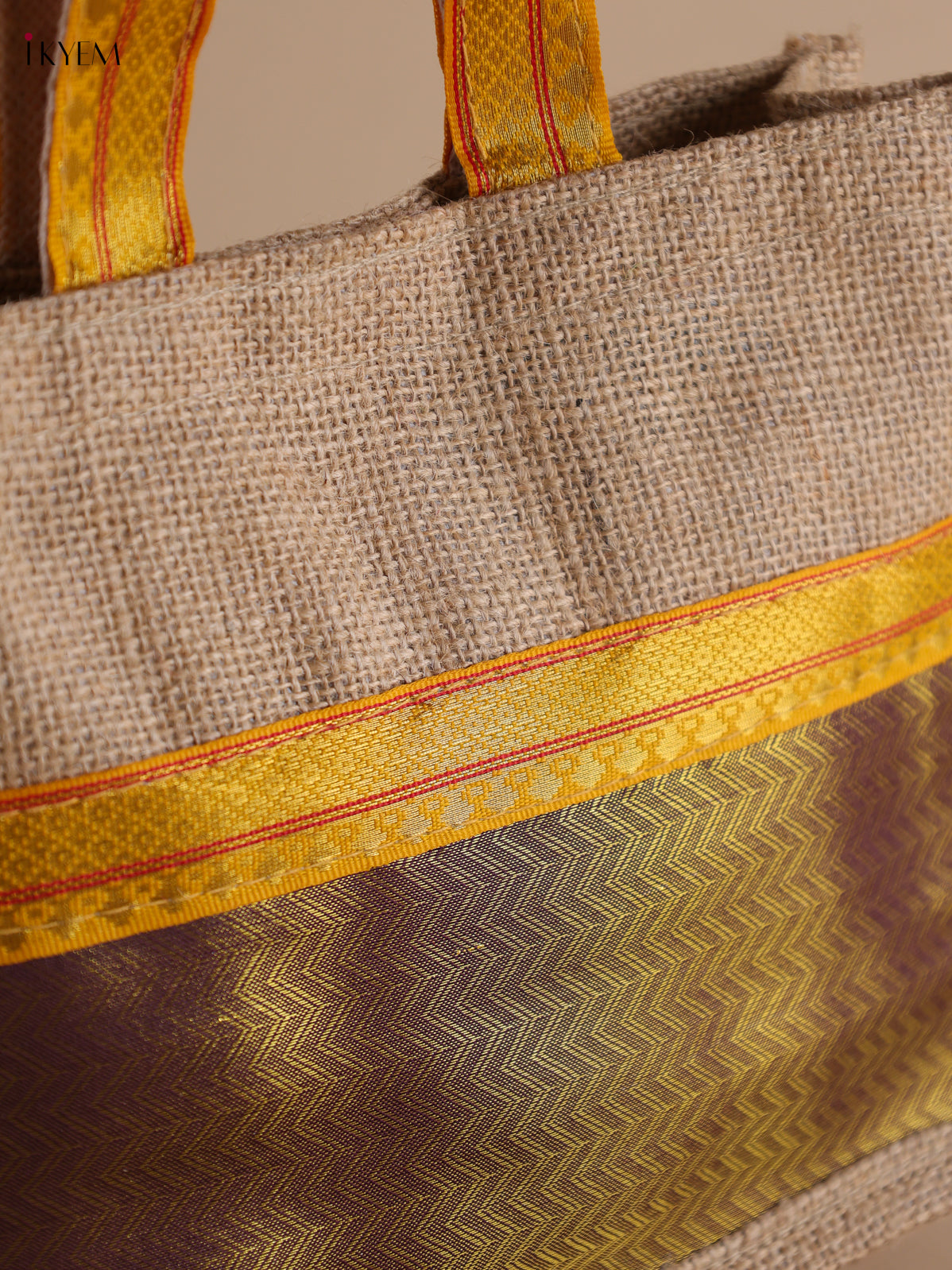 Brown Half & Half Raw Silk Jute Bag with Velcro on Top 2