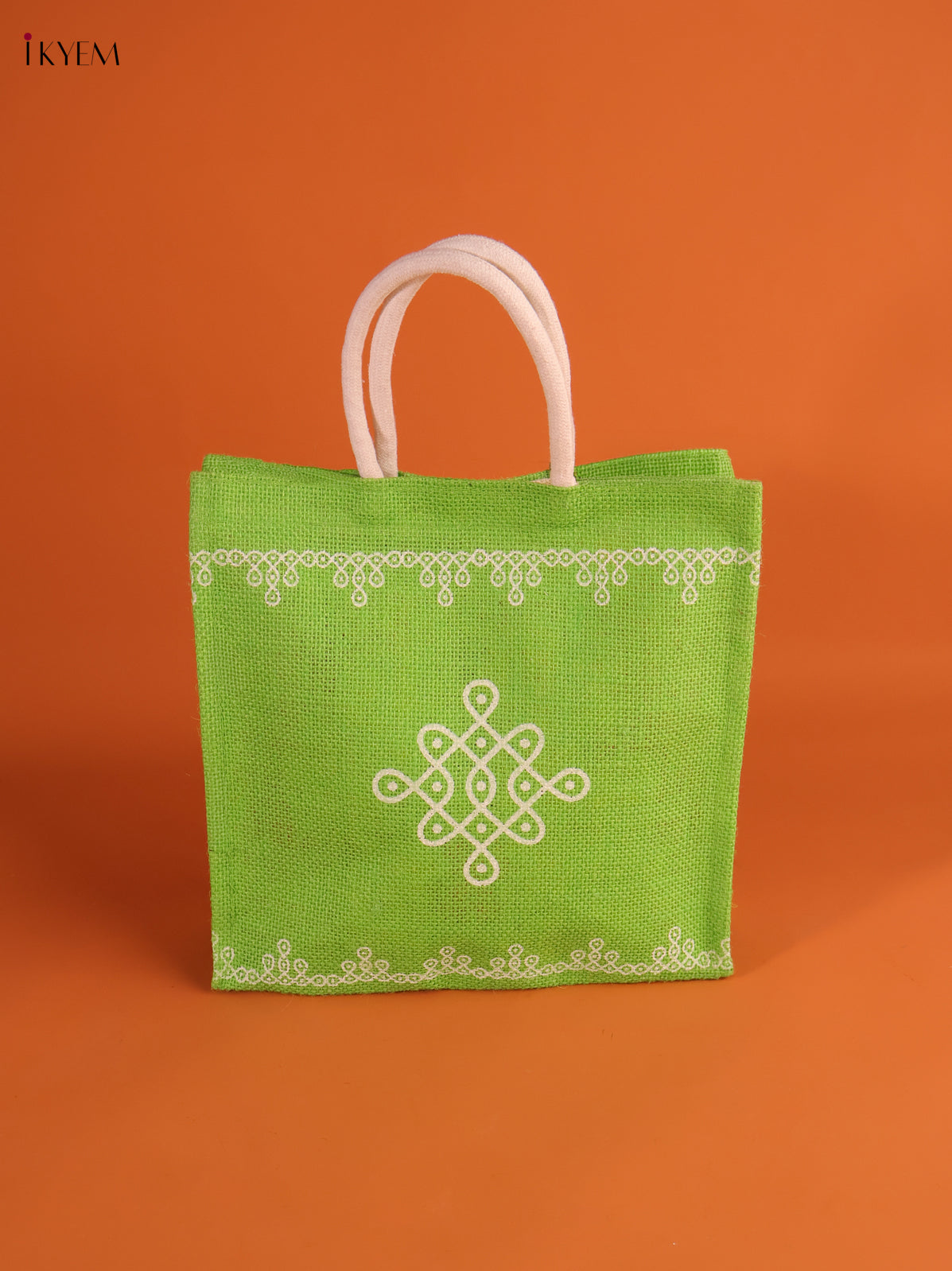 Charming Light Green Jute Bag With Kolam Print