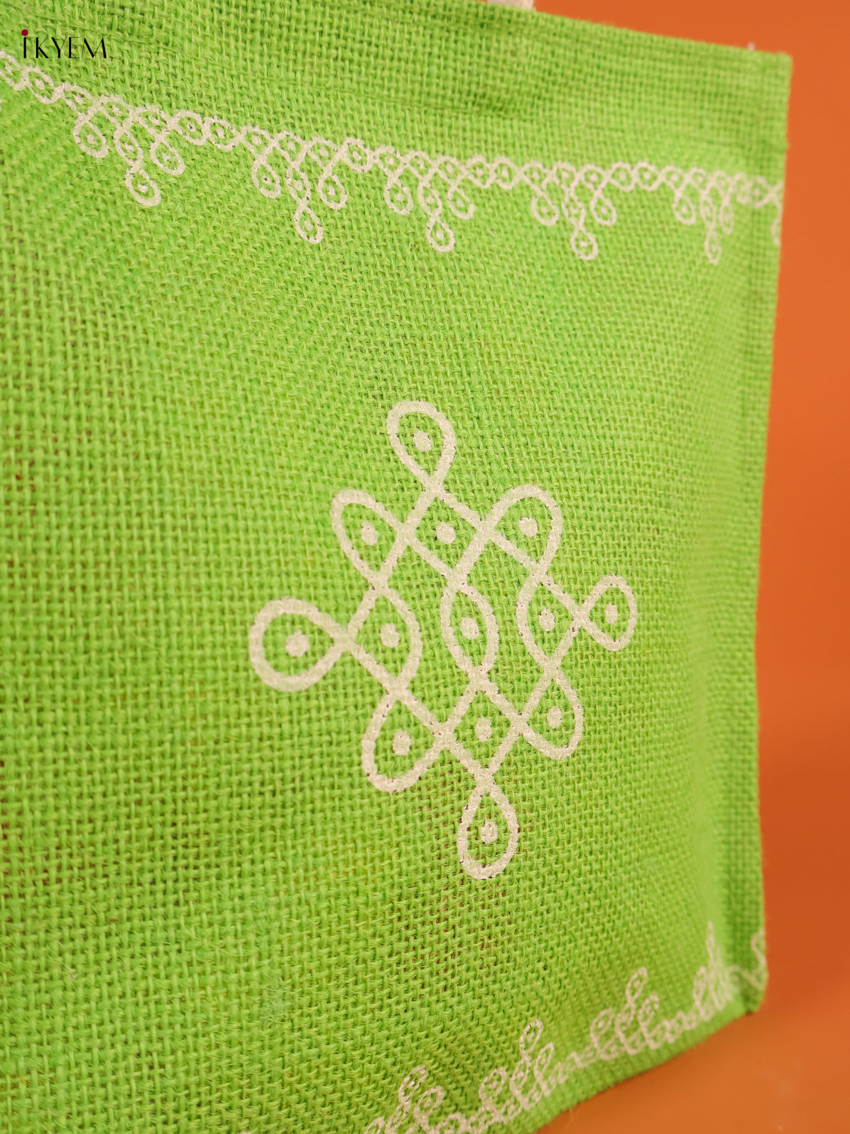 Charming Light Green Jute Bag With Kolam Print 2
