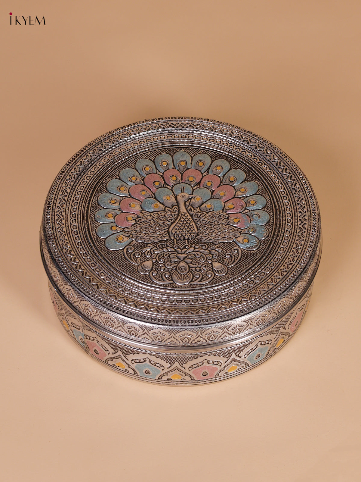 Chic Meenakari Storage Box With Fan Tailed Peacock Design
