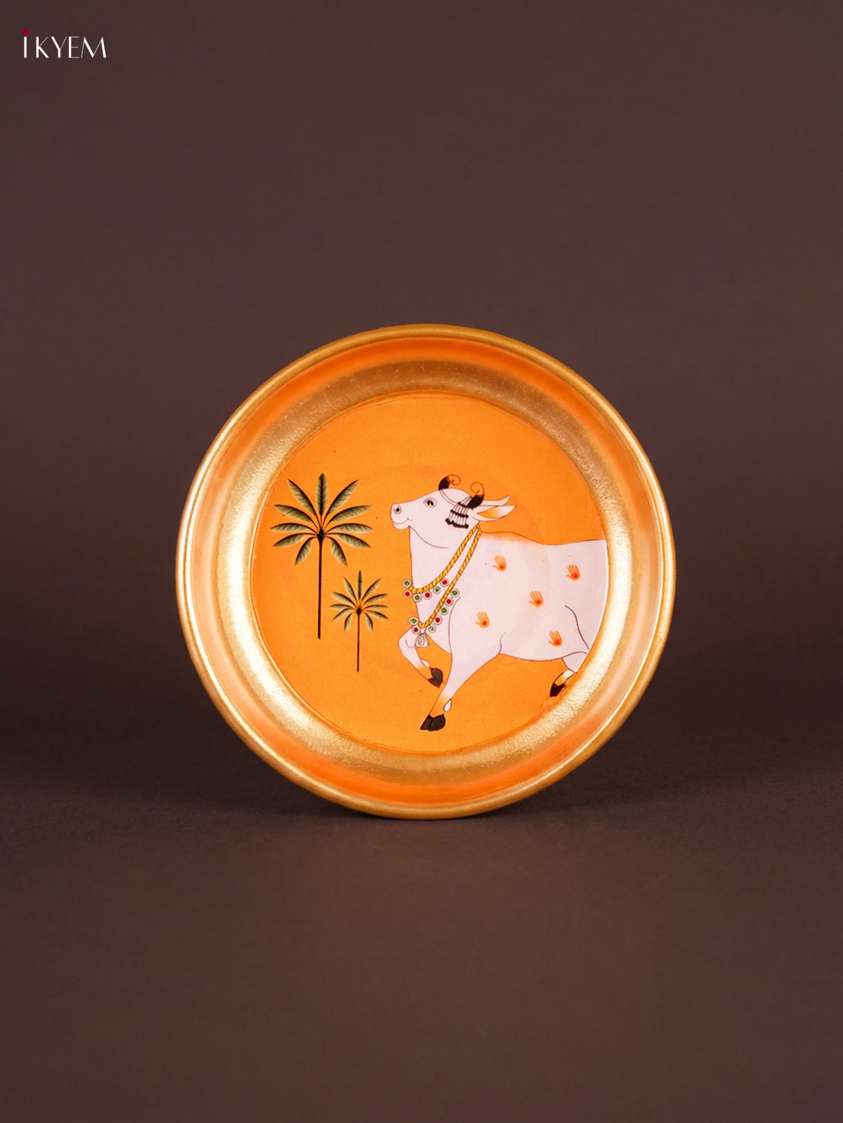 Chic Orange Pichwai cow Printed Brass Coated Decorative Plate