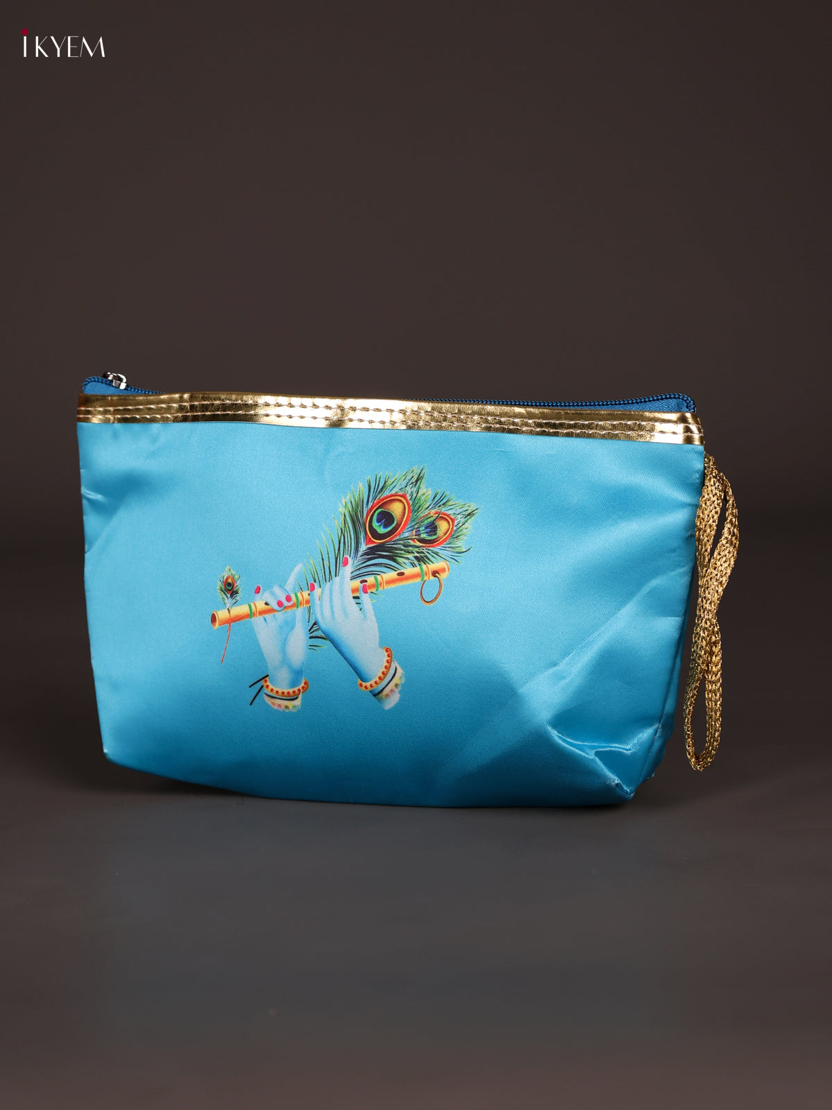 Chic Sky Blue Krishna Flute & Peacock Feather Printed Purse With Zipper 2