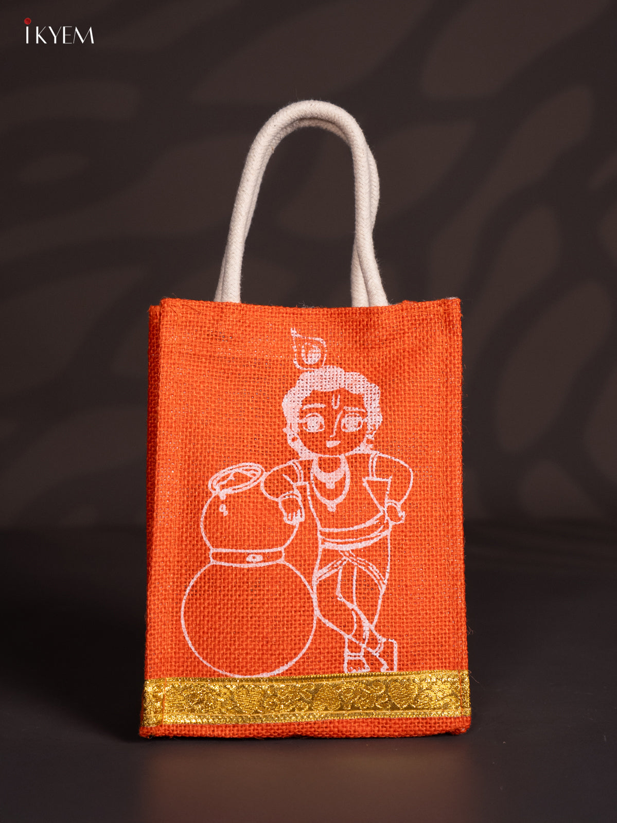 Cute 8 Inch Baby Krishna Printed Orange Jute Bag