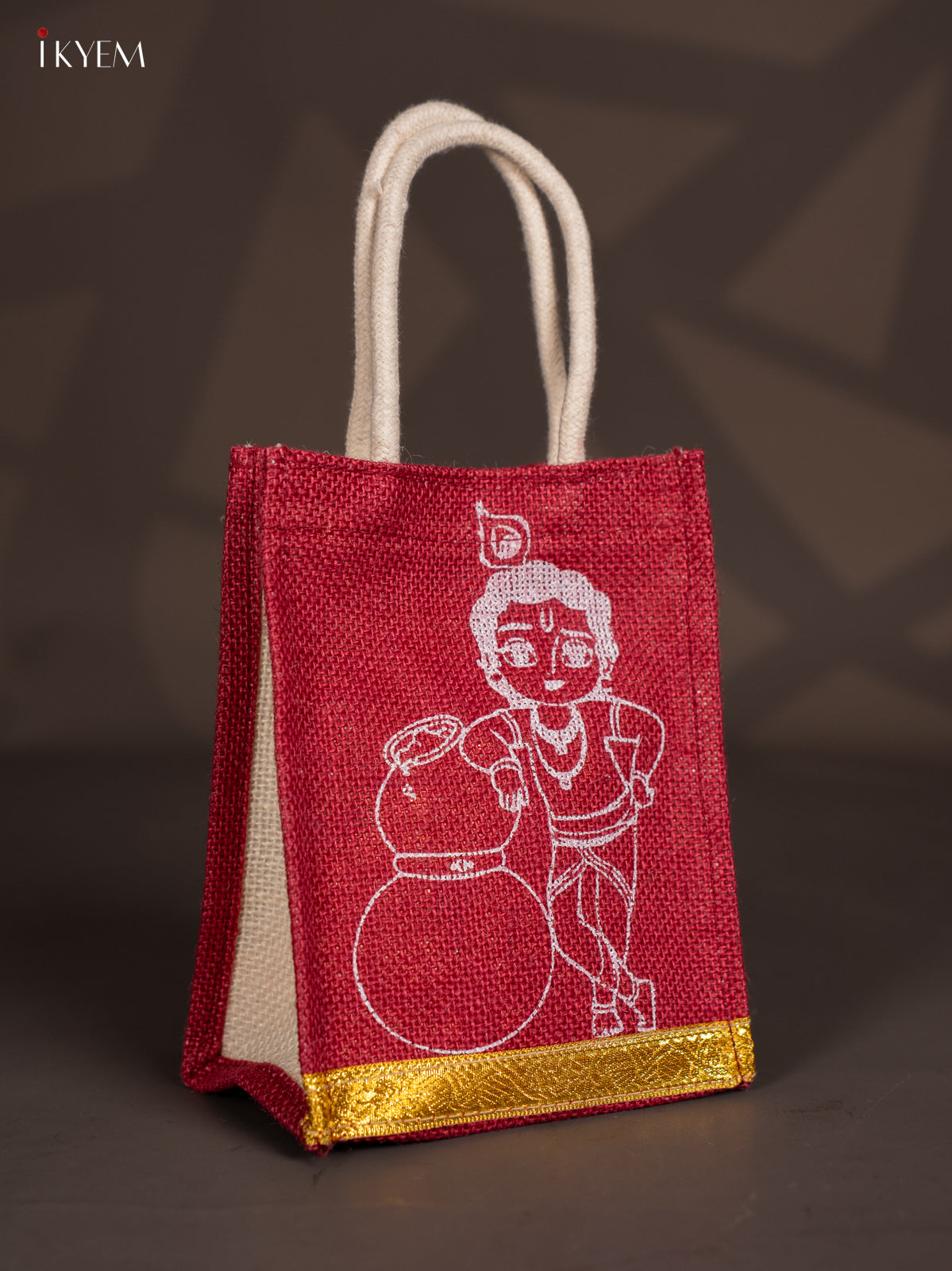 Cute Krishna Printed Maroon Jute Bag With Zari Border - 8 Inch