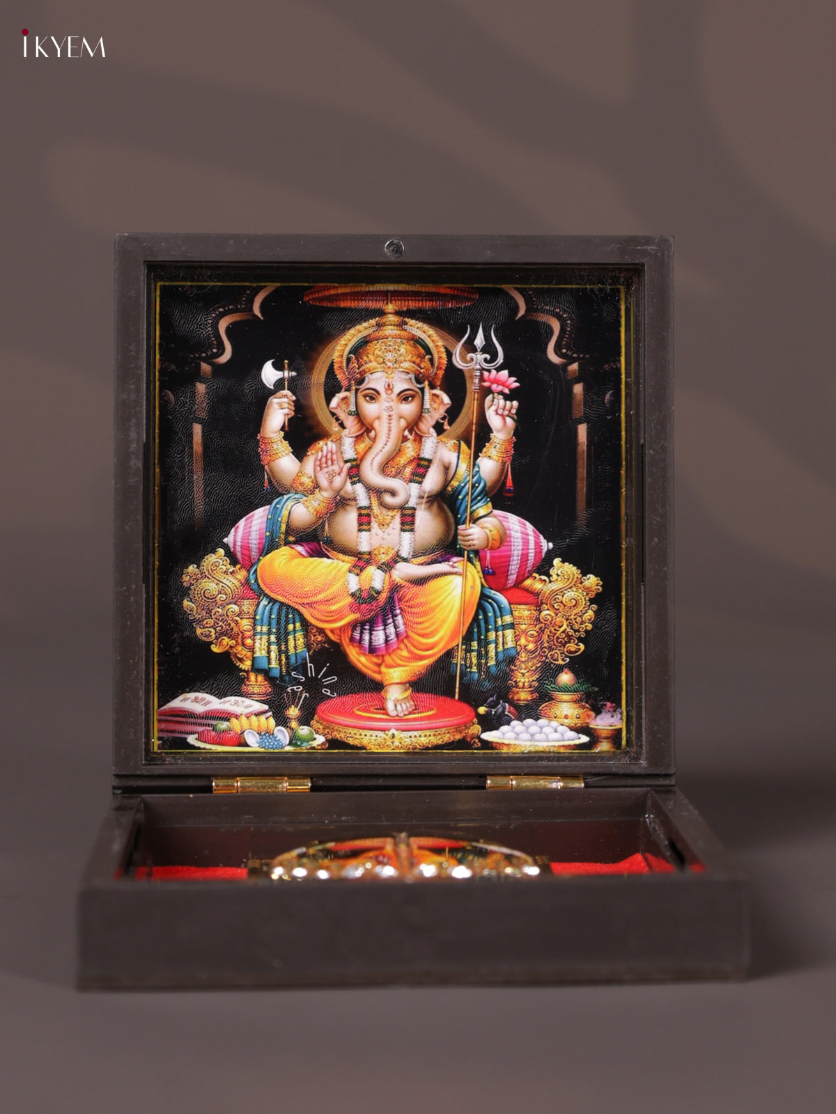 Dark Color Paduka Box With Lord Ganesha's Picture & Footprints