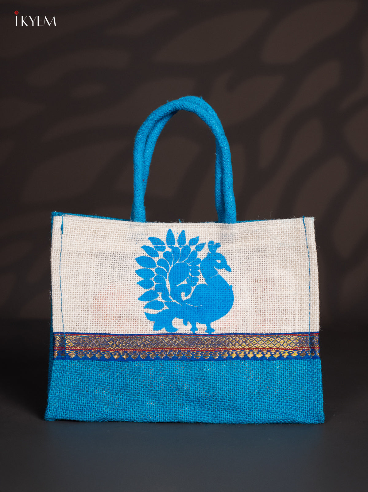 Elegant Peacock Printed Blue & White Jute Bag