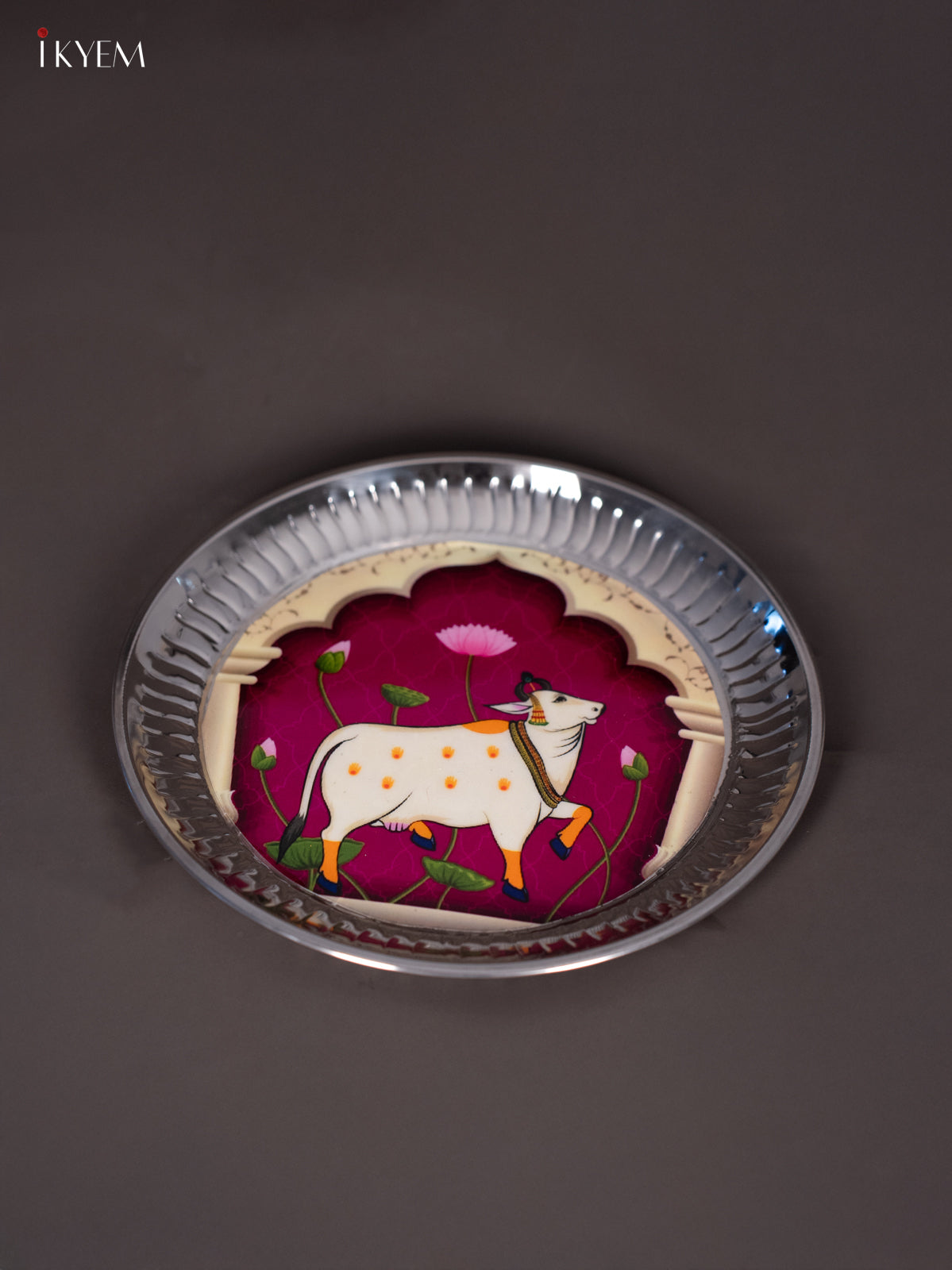Elegant Pichwai Cow Printed Purple Stainless Steel Plate (9x9 Inches) 2