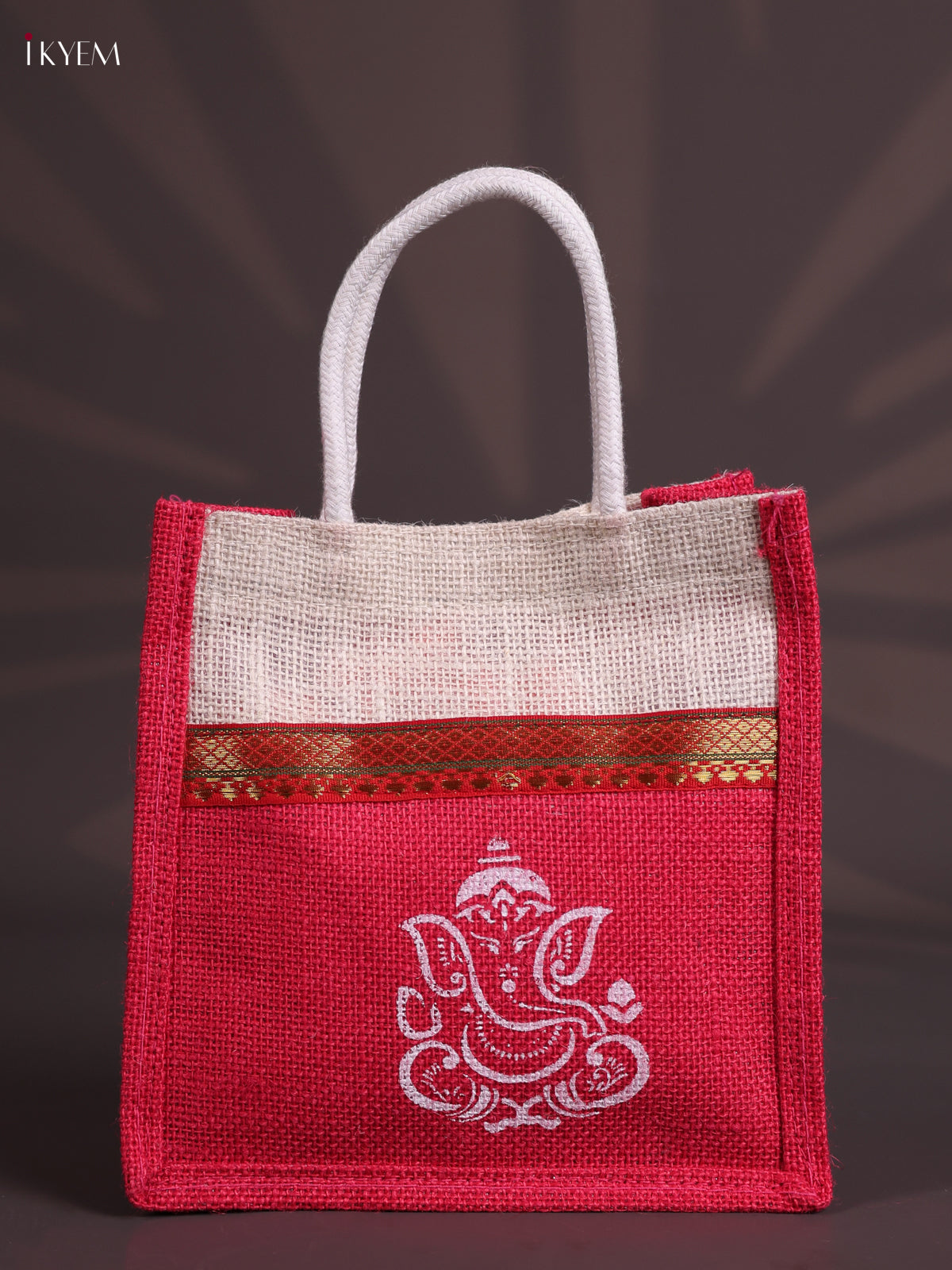 Elegant Pink & Beige Ganesha Printed Jute Bag With Zari Border