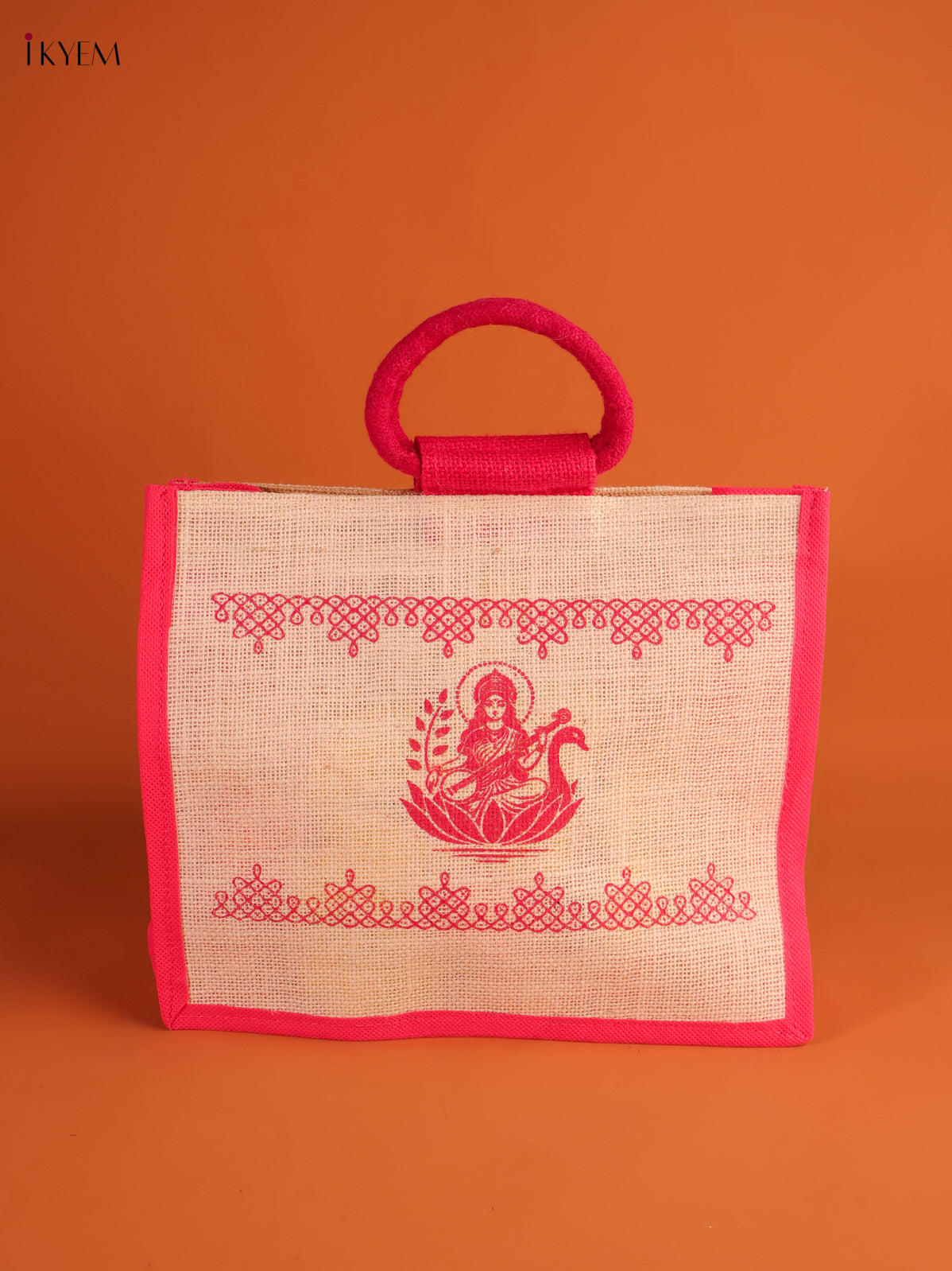 Elegant Pink Goddess Saraswathi Printed Jute Bag