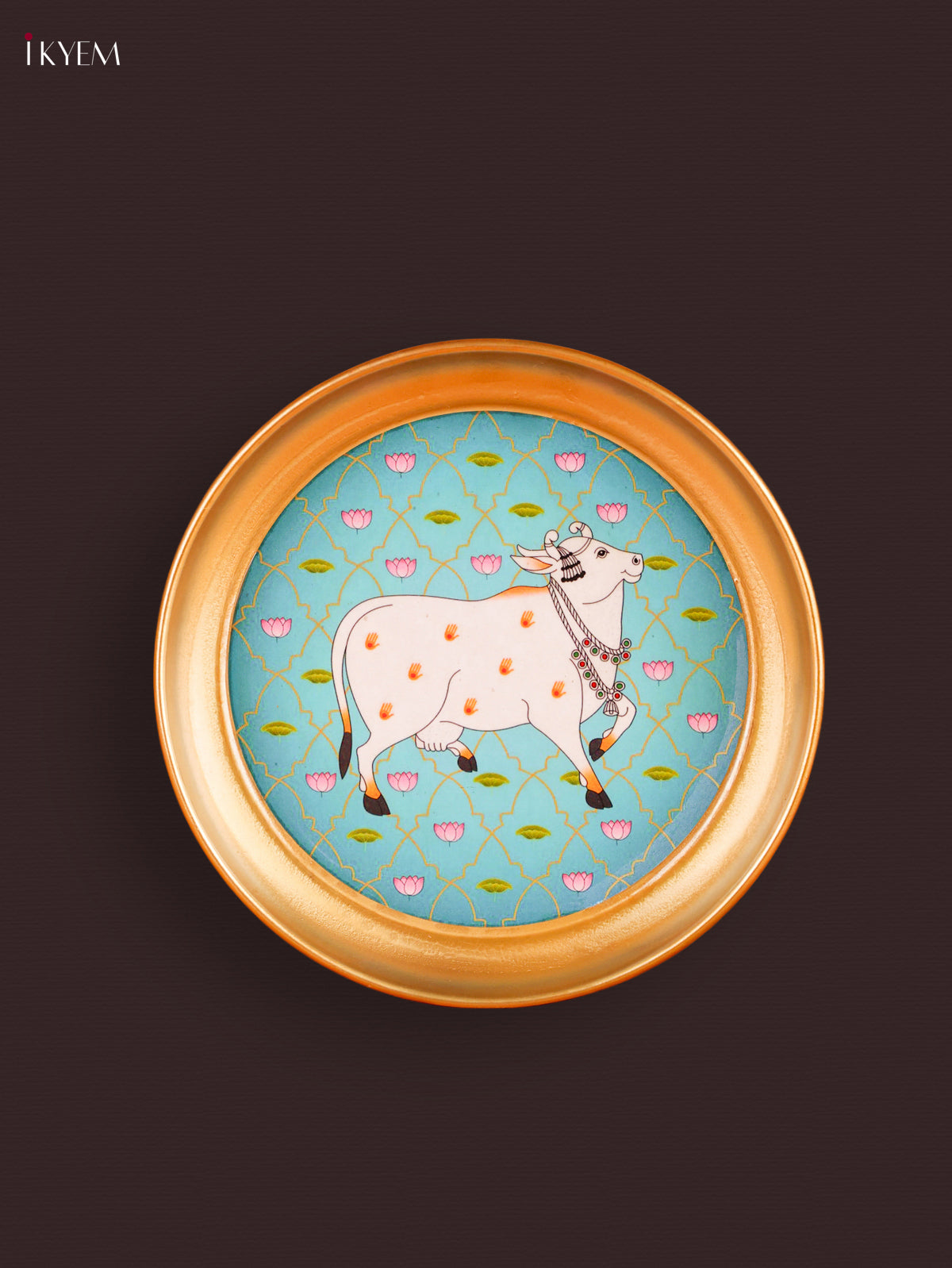 Elegant Sky Blue Pichwai Cow & Lotus Printed Brass Coated Decorative Plate
