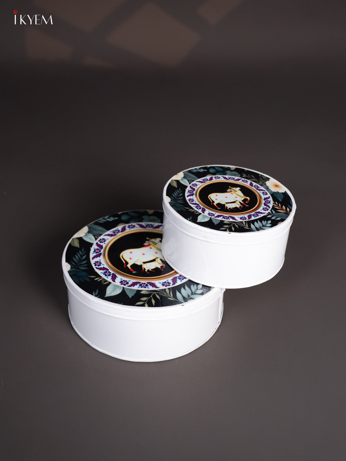 Elegant White Pichwai Cow & Calf Printed Metal Storage Box