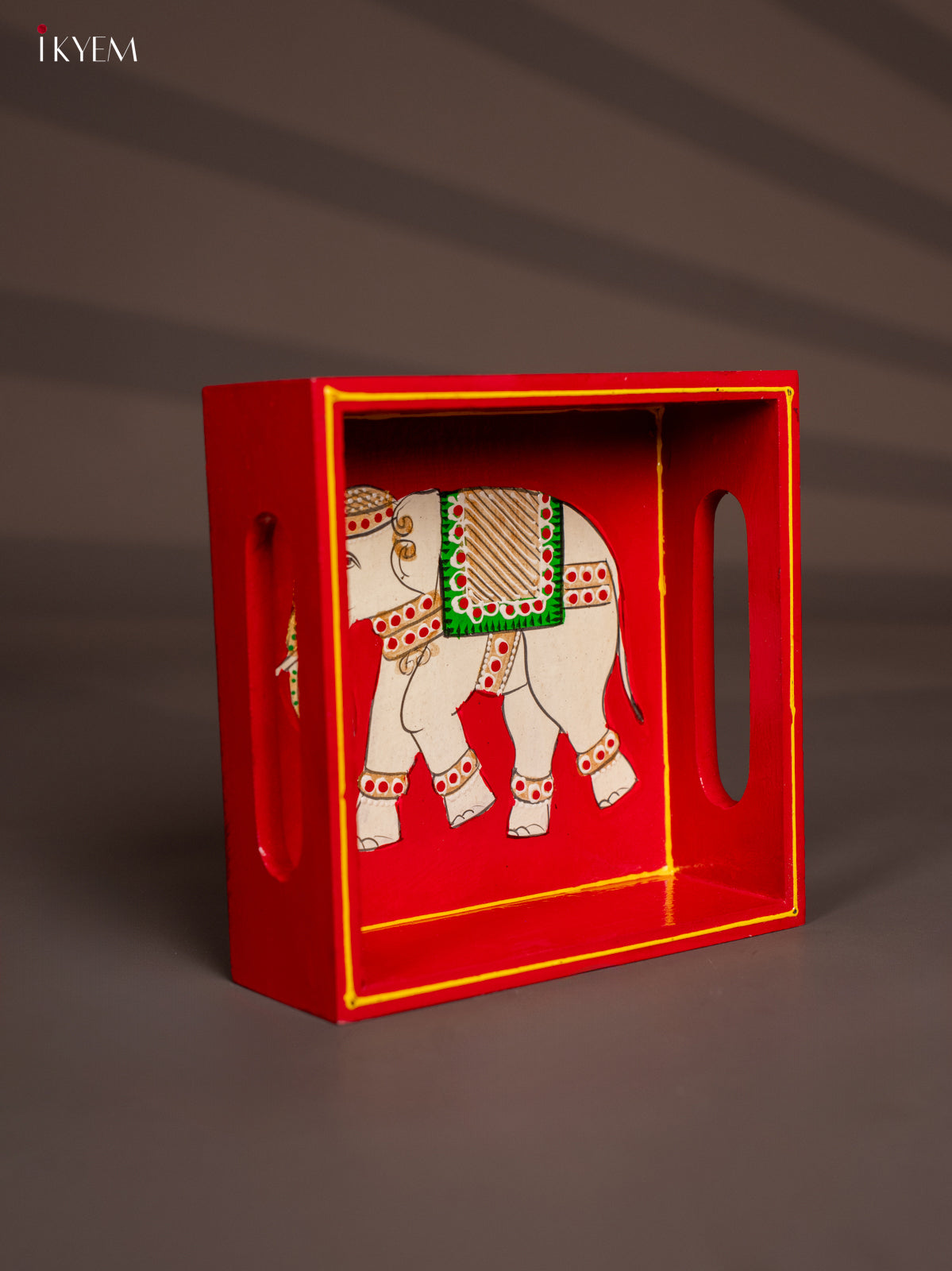 Elephant Hand-Painted Red Square Wooden Tray 1