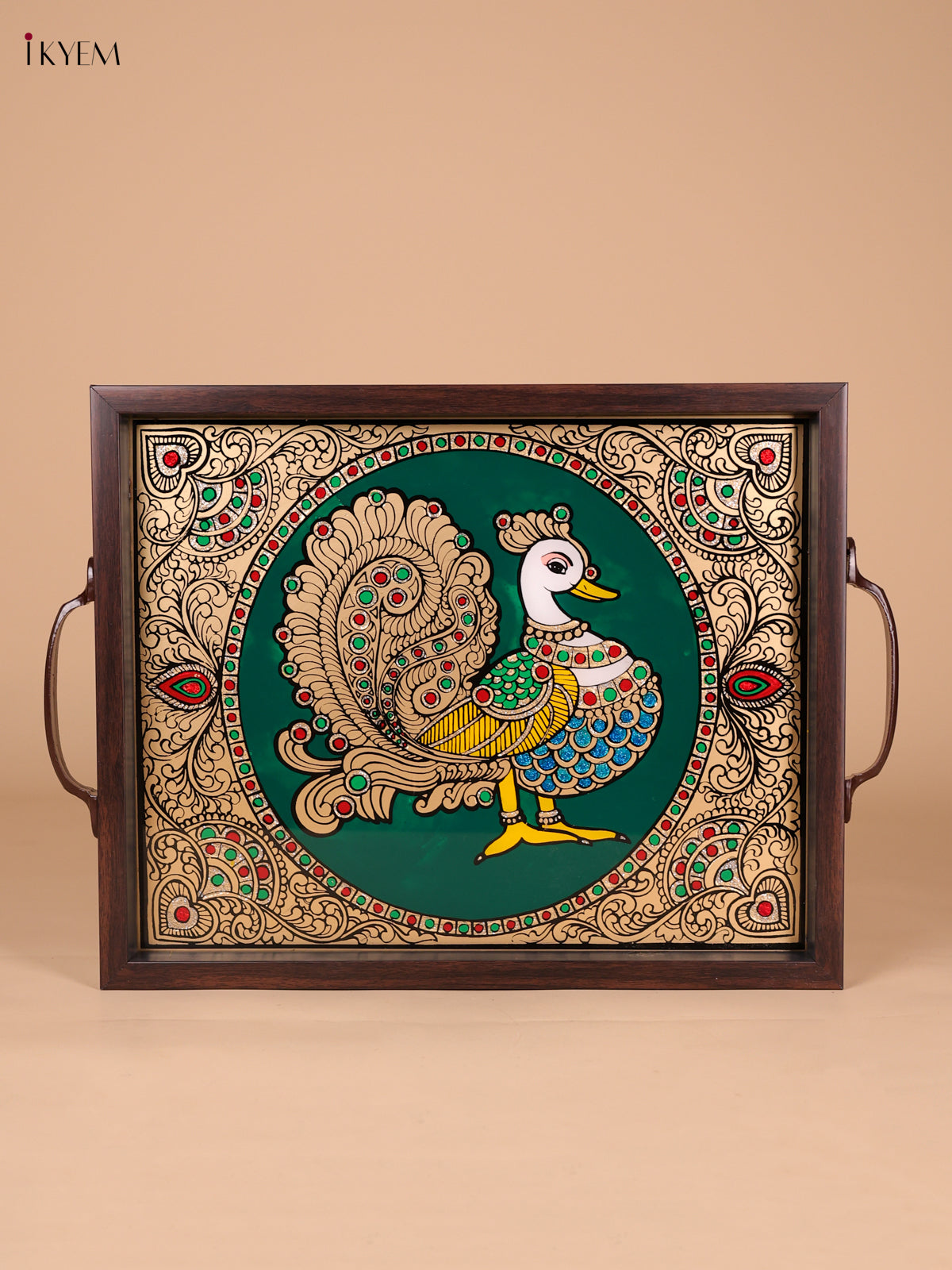 Exquisite Annapakshi Reverse Glass Painted Tray In Green 1