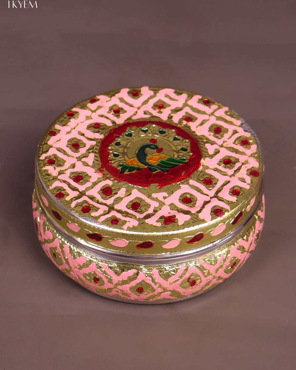 Exquisite Peach & Maroon Meenakari Storage Box With Peacock Design